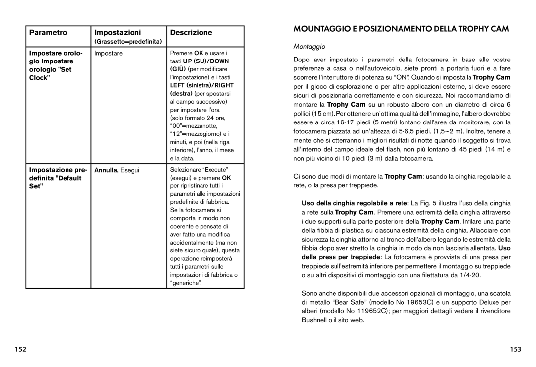 Bushnell 119435, 119455, 119445 instruction manual Mountaggio E Posizionamento Della Trophy CAM, 153 