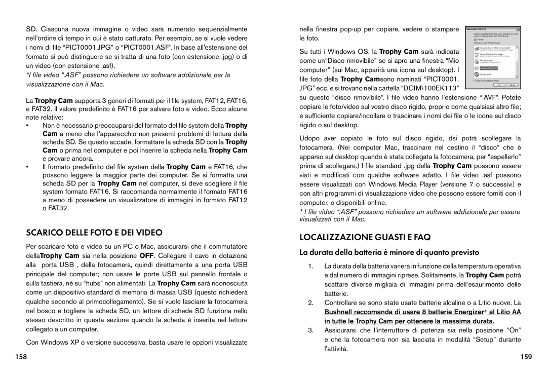 Bushnell 119435, 119455, 119445 instruction manual Scarico Delle Foto E DEI Video, Localizzazione guasti e FAQ, 159 