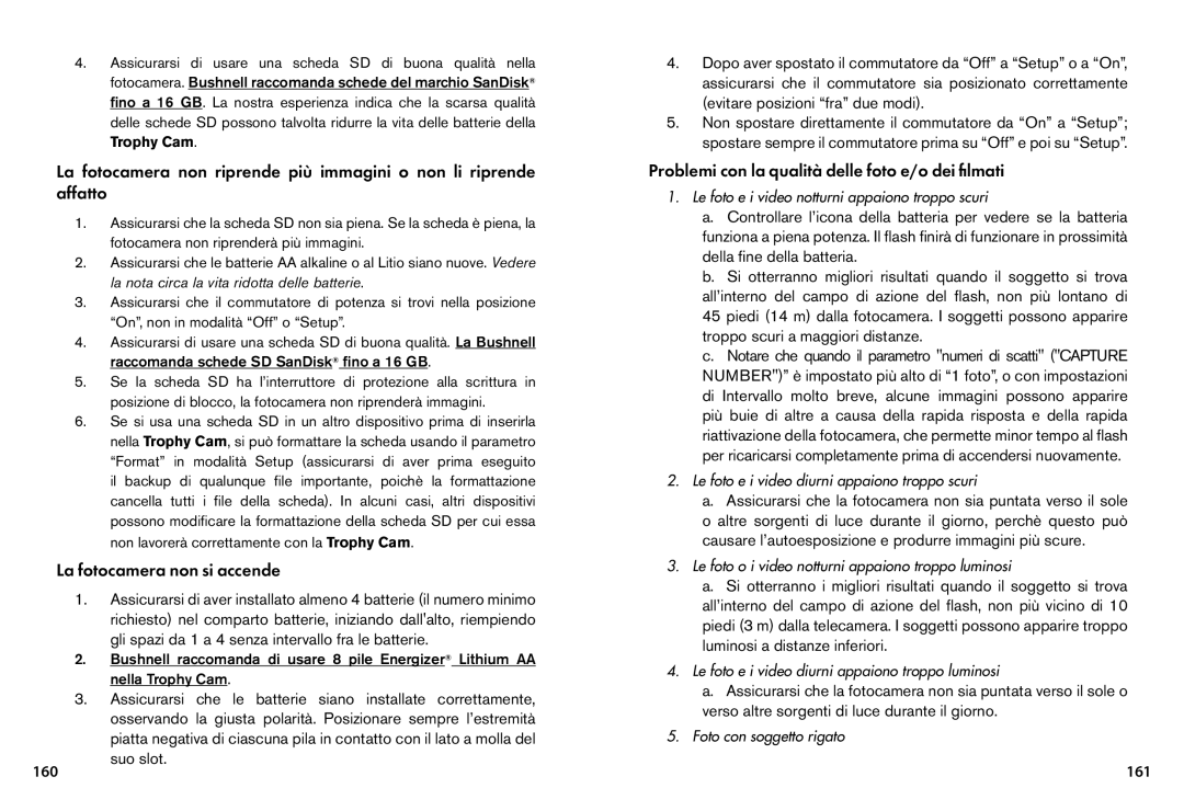 Bushnell 119455, 119445 La fotocamera non si accende, Problemi con la qualità delle foto e/o dei filmati, 161, Suo slot 