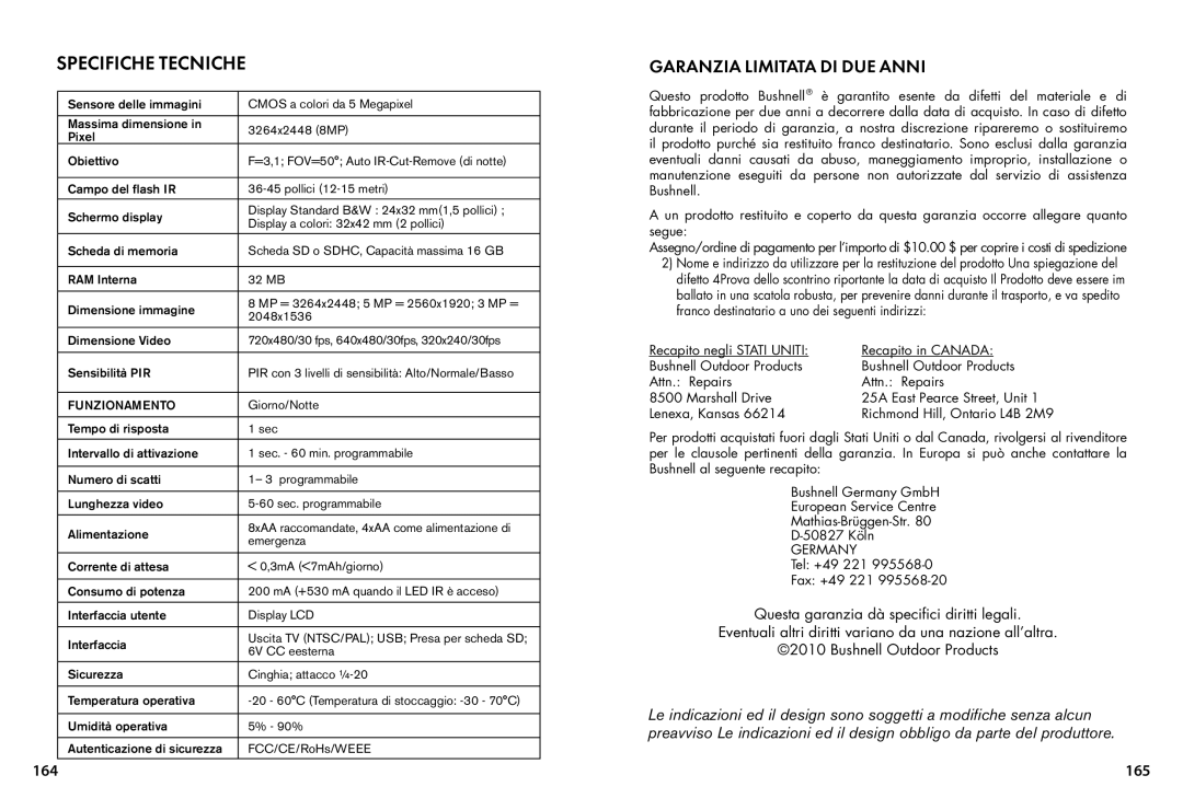Bushnell 119435, 119455, 119445 instruction manual Specifiche tecniche, 165 