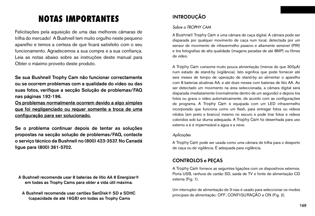 Bushnell 119445, 119455, 119435 instruction manual Introdução, Controlos e Peças, 169, Sobre a Trophy CAM, Aplicações 