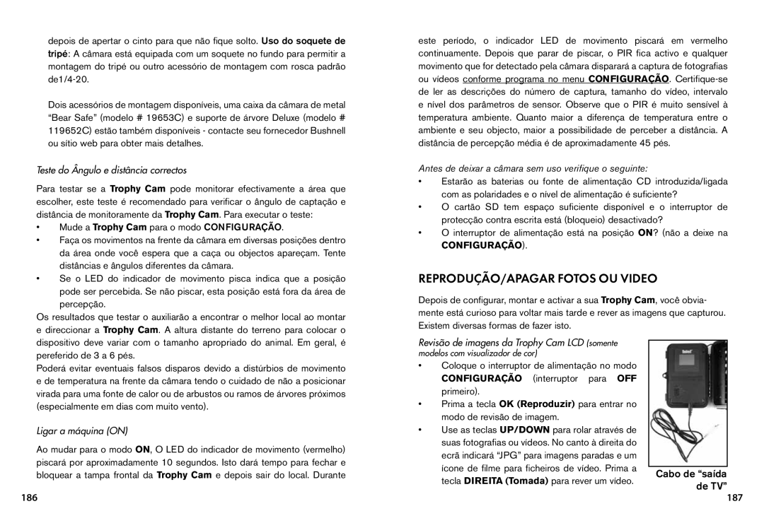 Bushnell 119445, 119455, 119435 instruction manual REPRODUÇÃO/APAGAR Fotos OU Video, 186, 187 