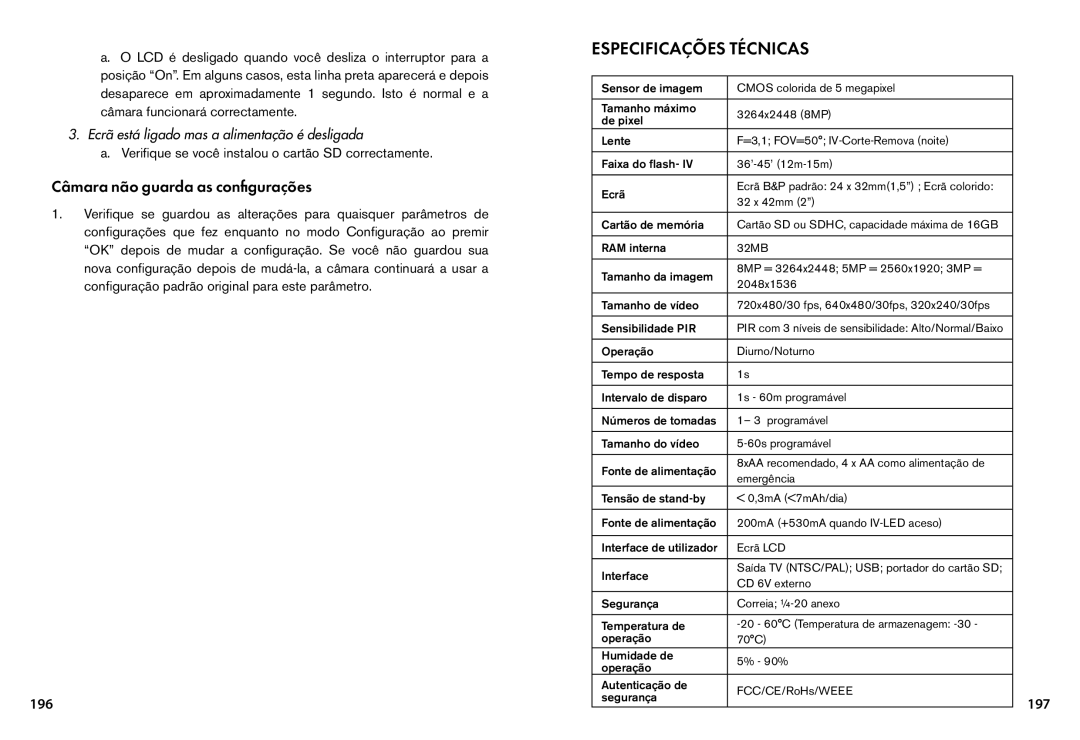 Bushnell 119455, 119445, 119435 instruction manual Especificações técnicas, Câmara não guarda as configurações, 196, 197 