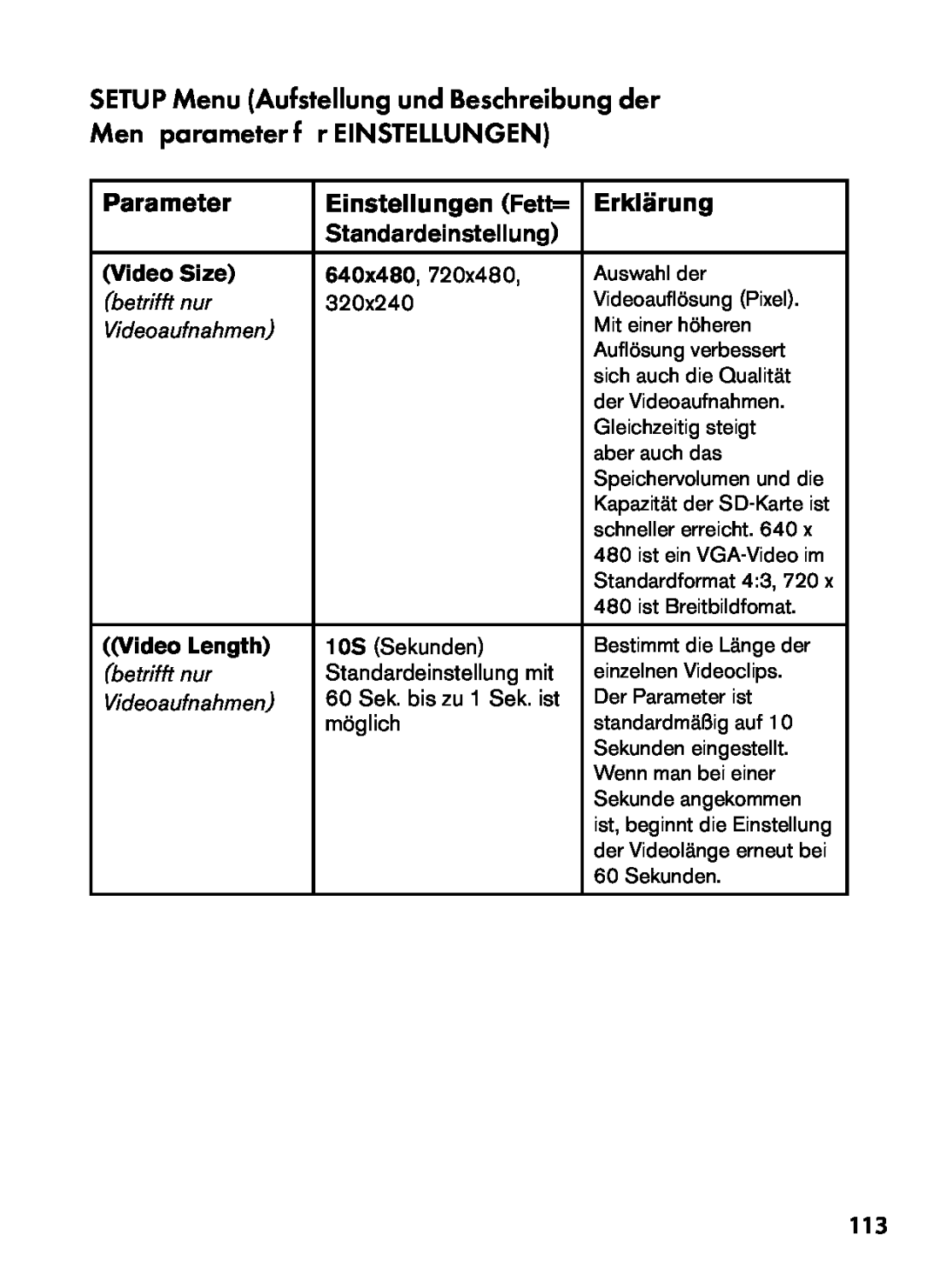 Bushnell 119435, 119455 Parameter, Einstellungen Fett=, Erklärung, Video Size, betrifft nur, Videoaufnahmen, Video Length 