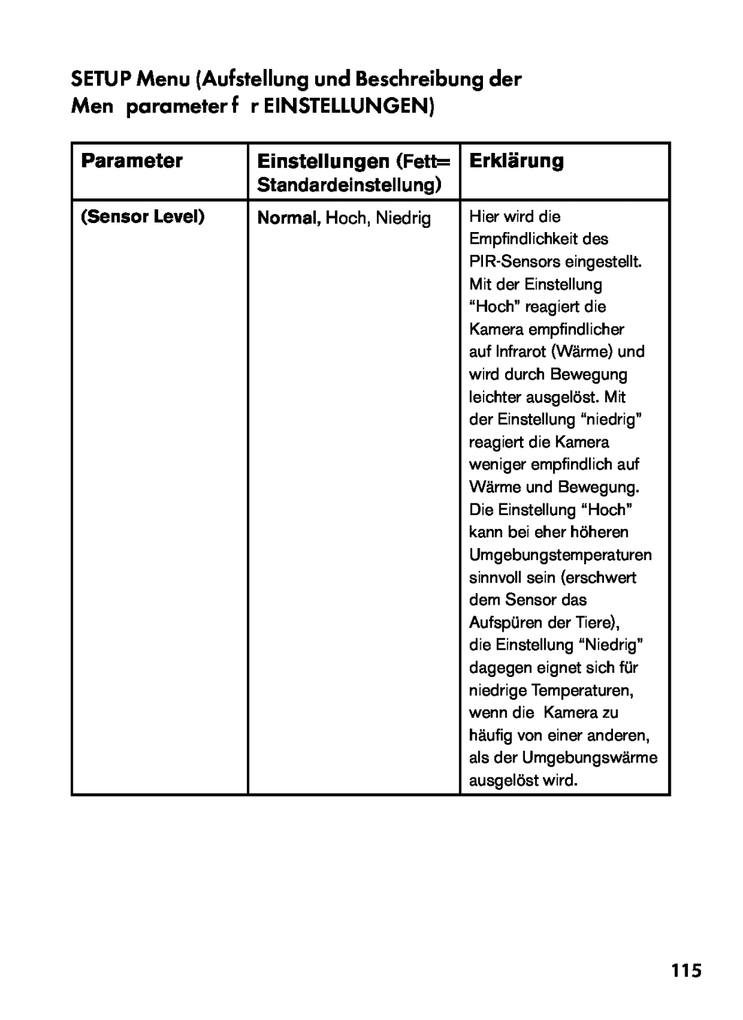 Bushnell 119445, 119455, 119435 instruction manual Parameter, Einstellungen Fett=, Erklärung, Sensor Level 