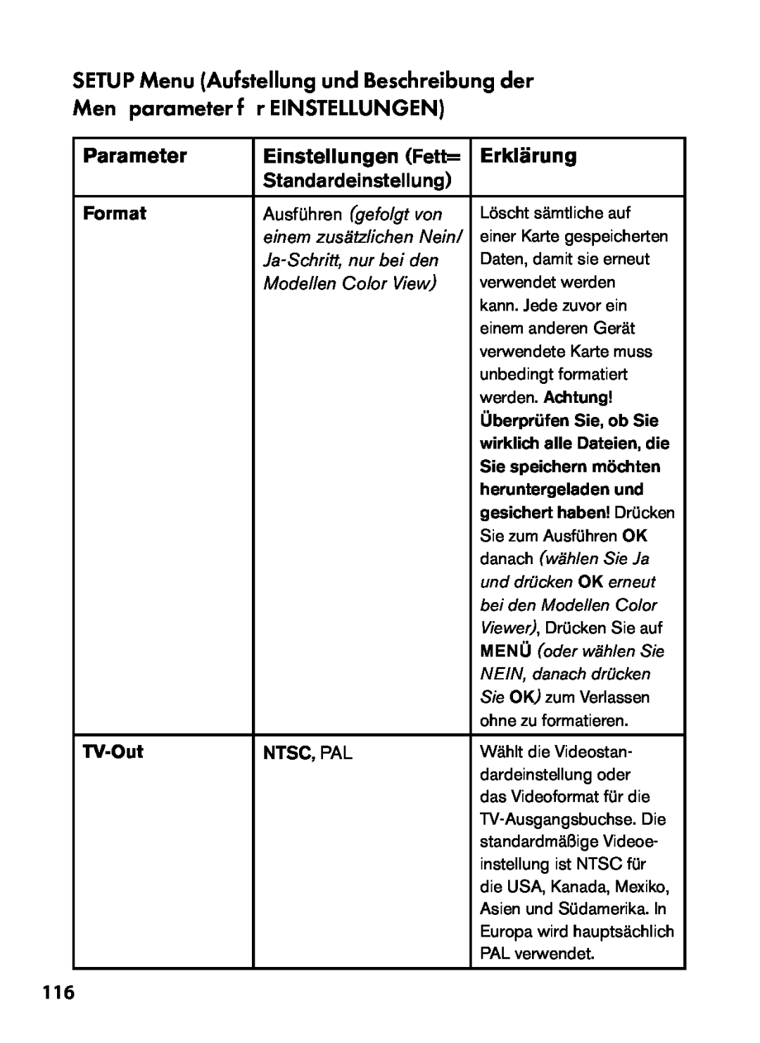 Bushnell 119435 Parameter, Einstellungen Fett=, Erklärung, Format, Ausführen gefolgt von, Ja-Schritt, nur bei den, TV-Out 