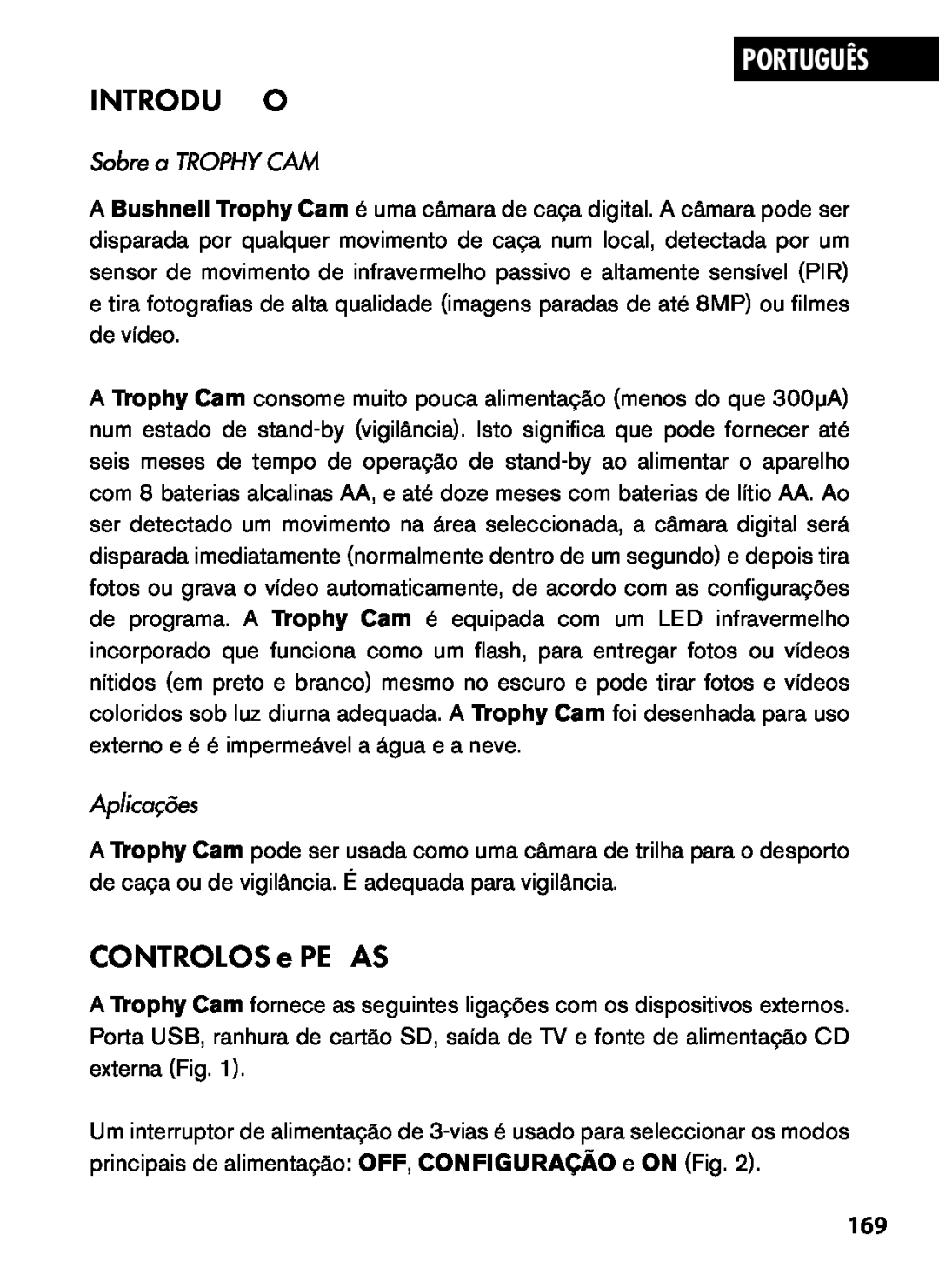 Bushnell 119445, 119455, 119435 instruction manual Introdução, CONTROLOS e PEÇAS, Português, Sobre a TROPHY CAM, Aplicações 