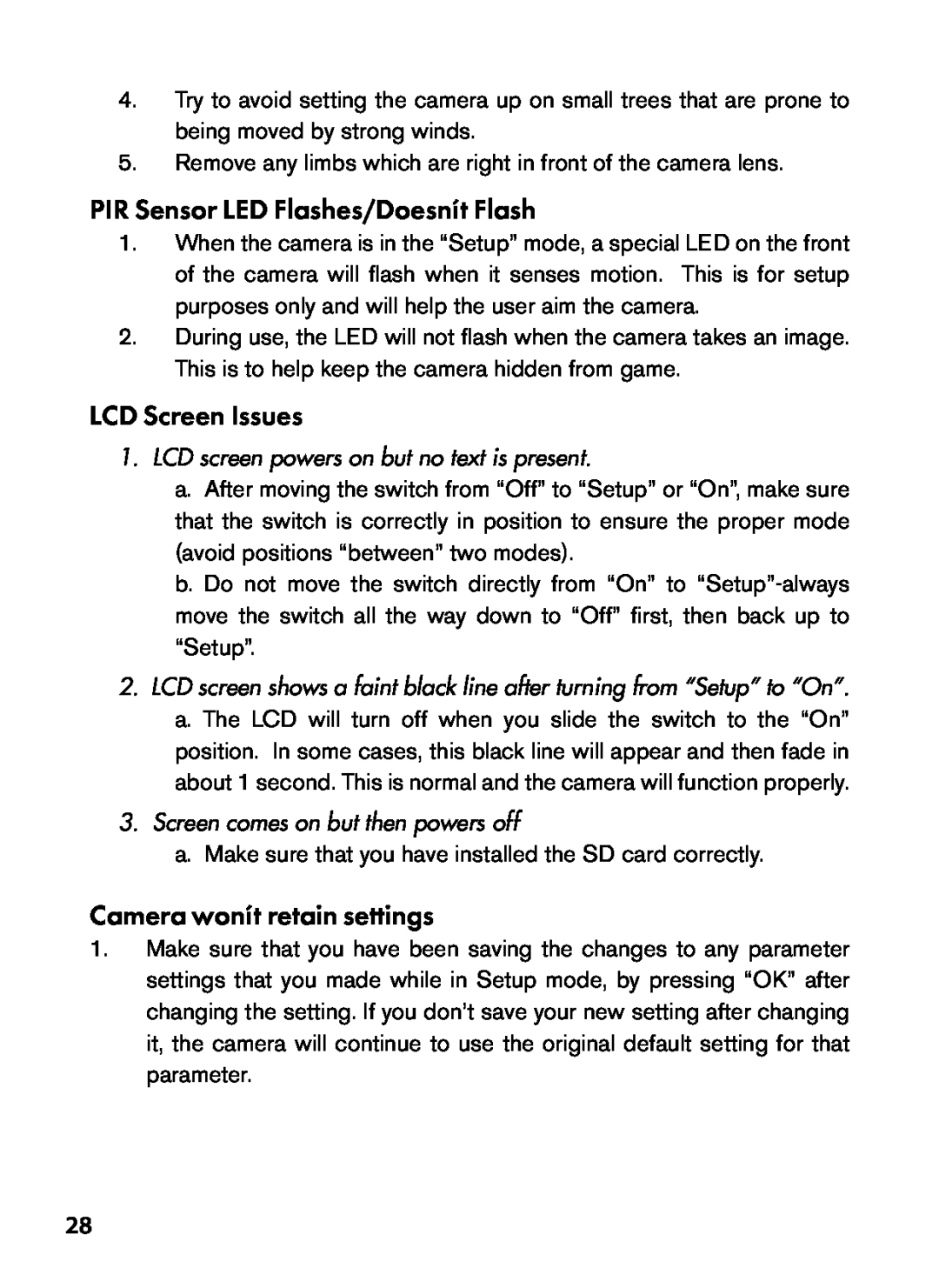 Bushnell 119445, 119455, 119435 PIR Sensor LED Flashes/Doesn’t Flash, LCD Screen Issues, Camera won’t retain settings 