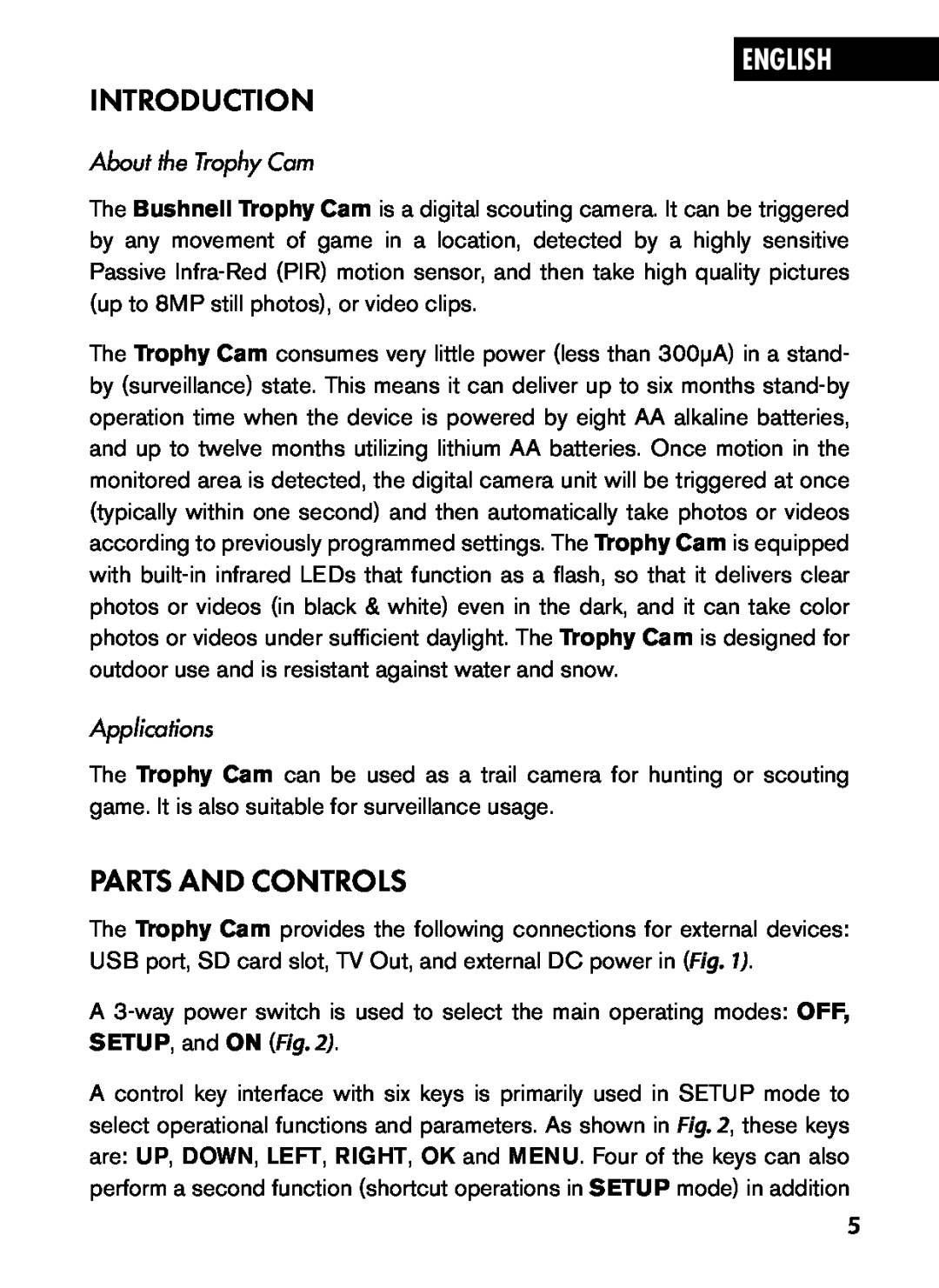 Bushnell 119435, 119455, 119445 Introduction, Parts And Controls, English, About the Trophy Cam, Applications 