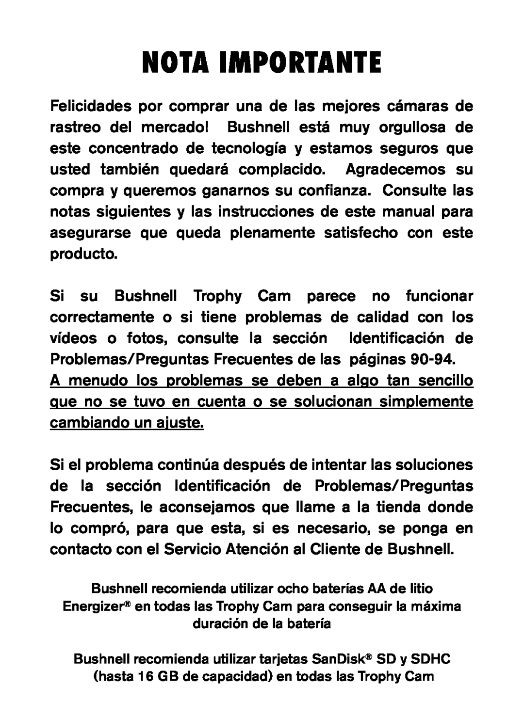 Bushnell 119455, 119445, 119435 instruction manual Nota Importante 