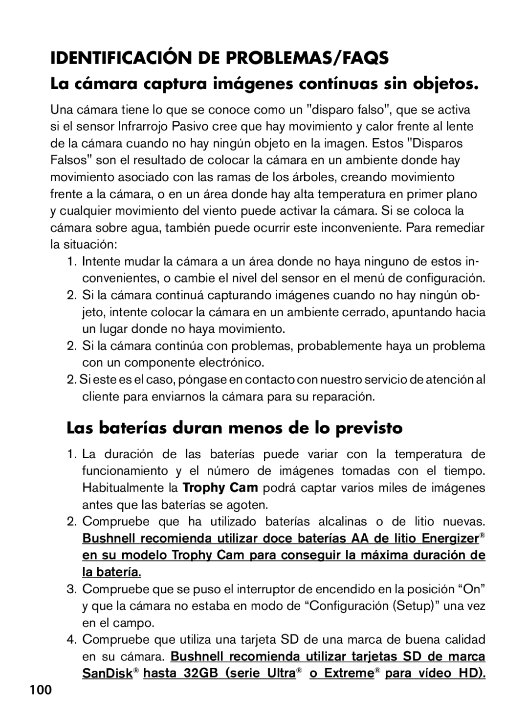 Bushnell 119466, 119467 Identificación de Problemas/FAQS, La cámara captura imágenes contínuas sin objetos, 100 