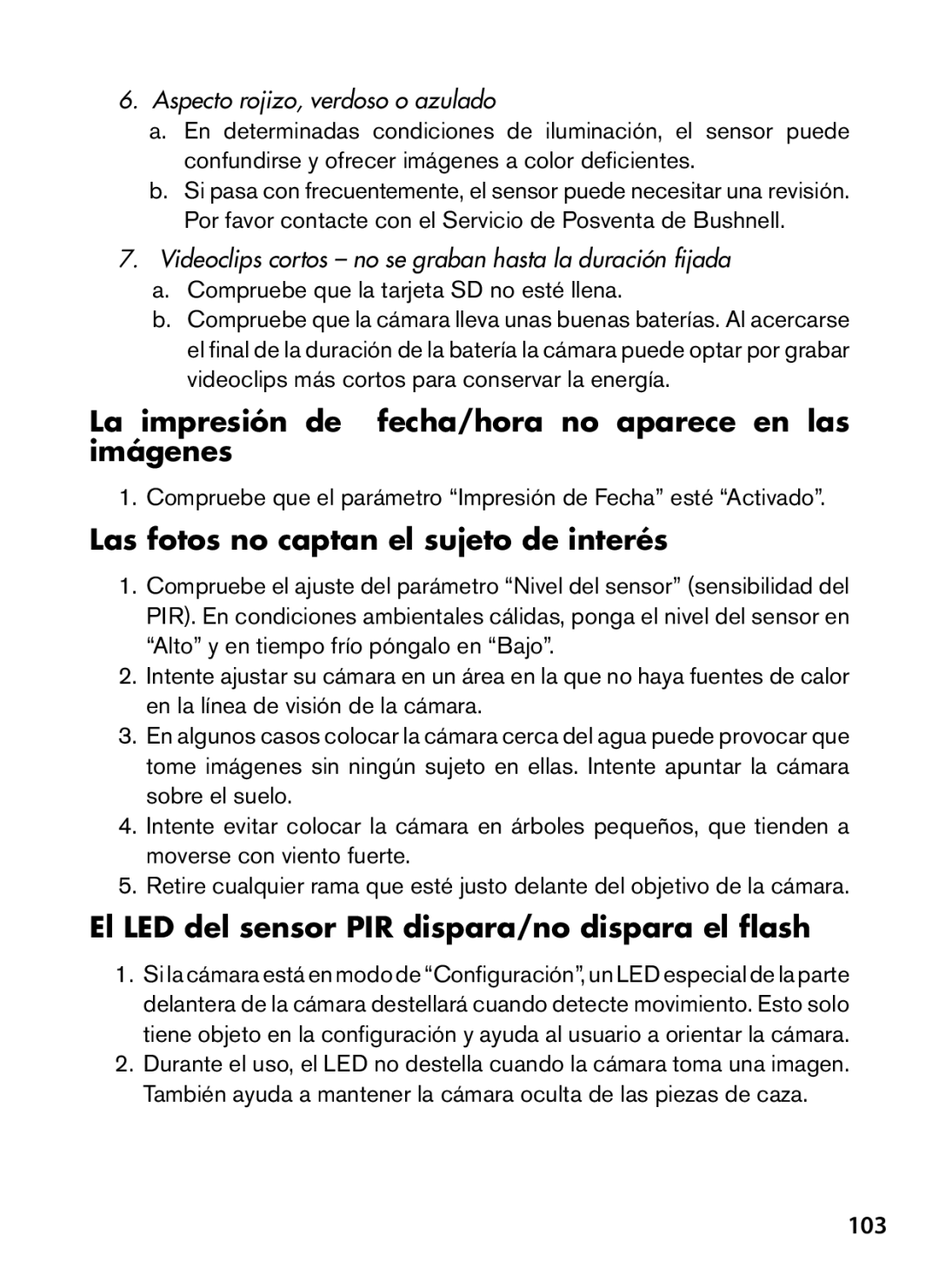 Bushnell 119467 La impresión de fecha/hora no aparece en las imágenes, Las fotos no captan el sujeto de interés, 103 