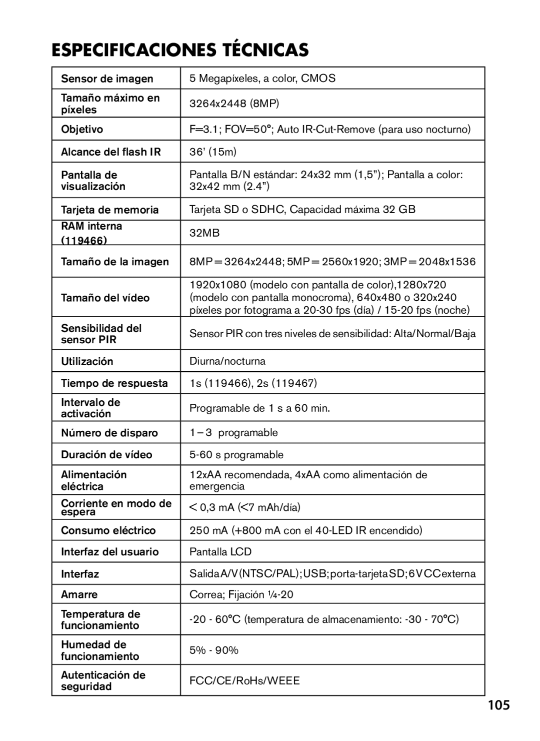 Bushnell 119467, 119466 instruction manual Especificaciones Técnicas, 105 