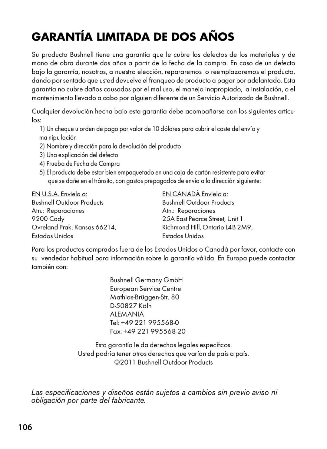 Bushnell 119466, 119467 instruction manual Garantía Limitada DE DOS Años, 106 