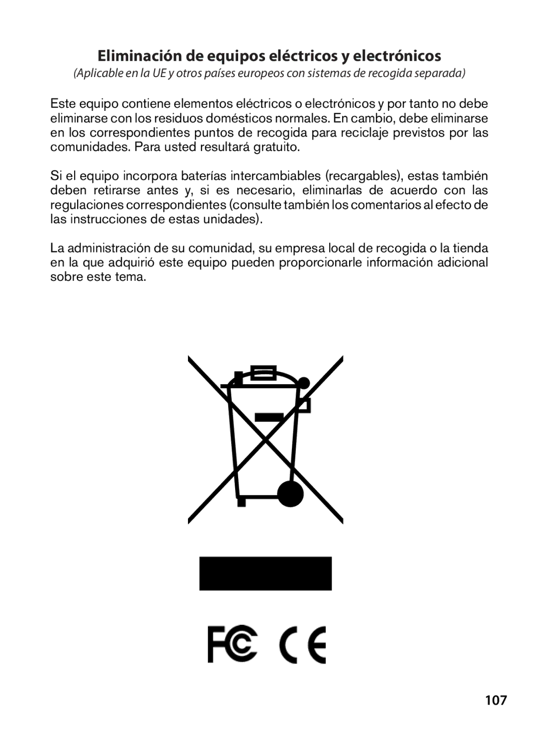 Bushnell 119467, 119466 instruction manual Eliminación de equipos eléctricos y electrónicos, 107 