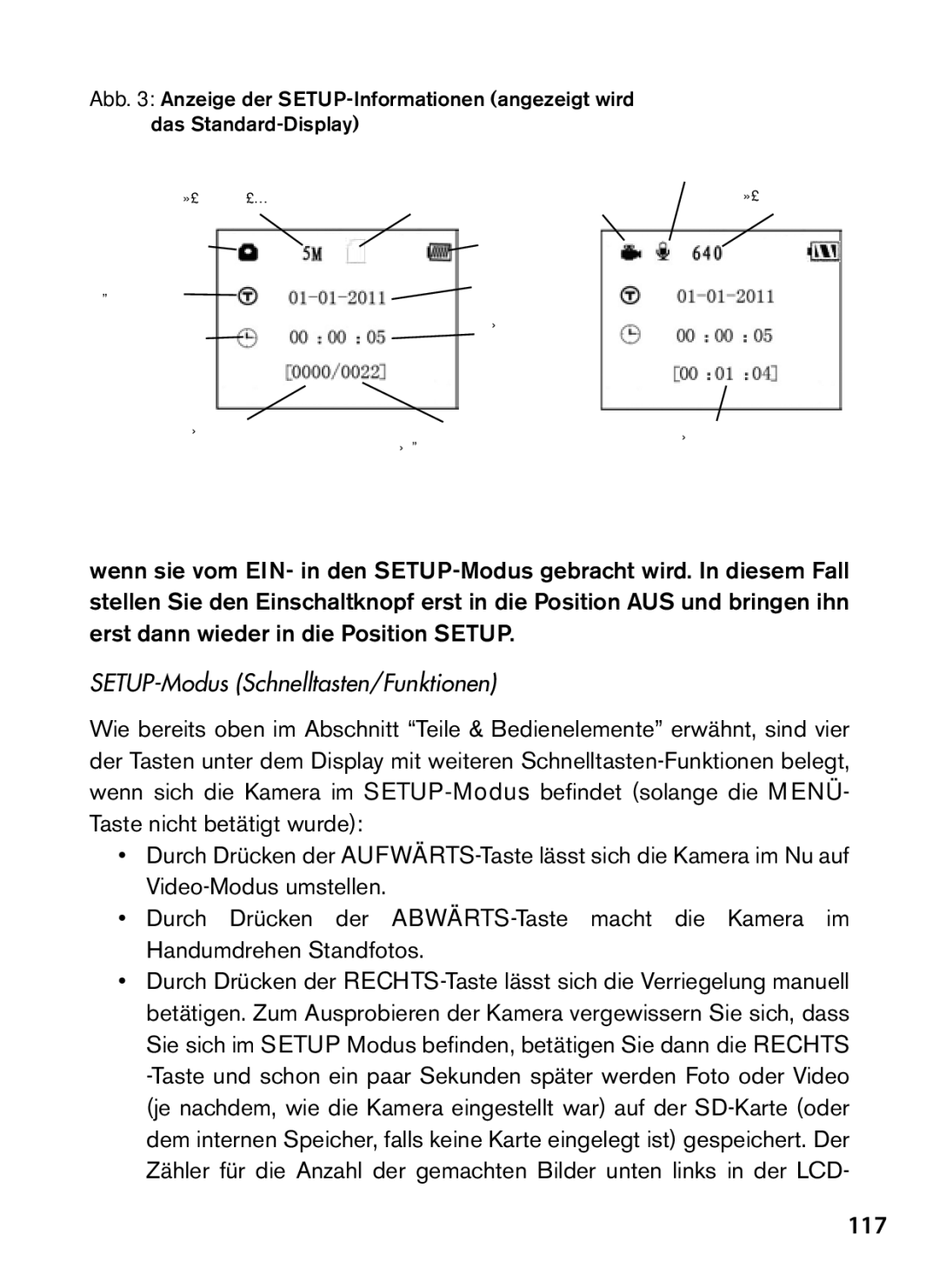 Bushnell 119467, 119466 instruction manual 117, SETUP-Modus Schnelltasten/Funktionen 