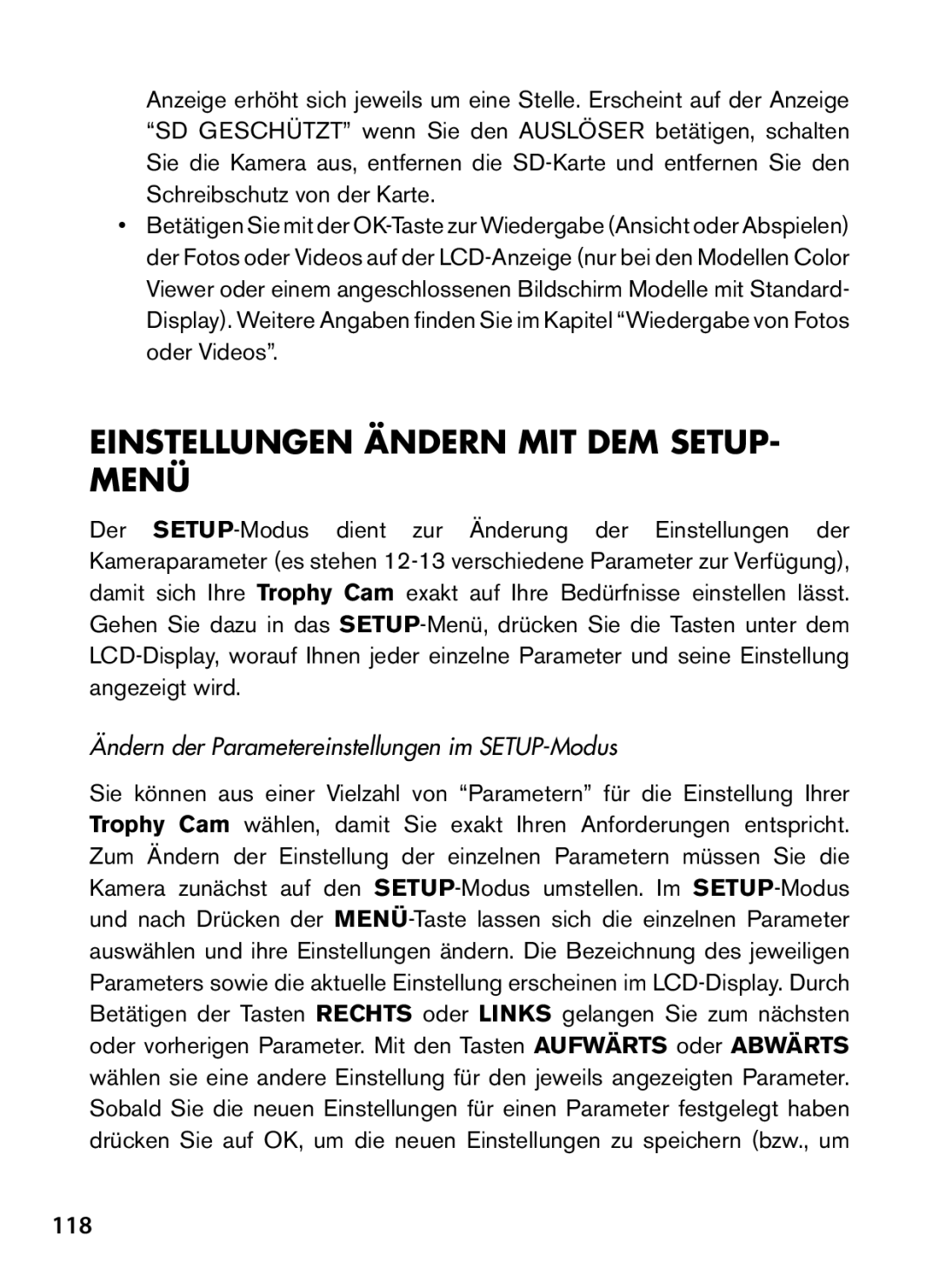 Bushnell 119466, 119467 Einstellungen ändern mit dem SETUP- Menü, 118, Ändern der Parametereinstellungen im SETUP-Modus 