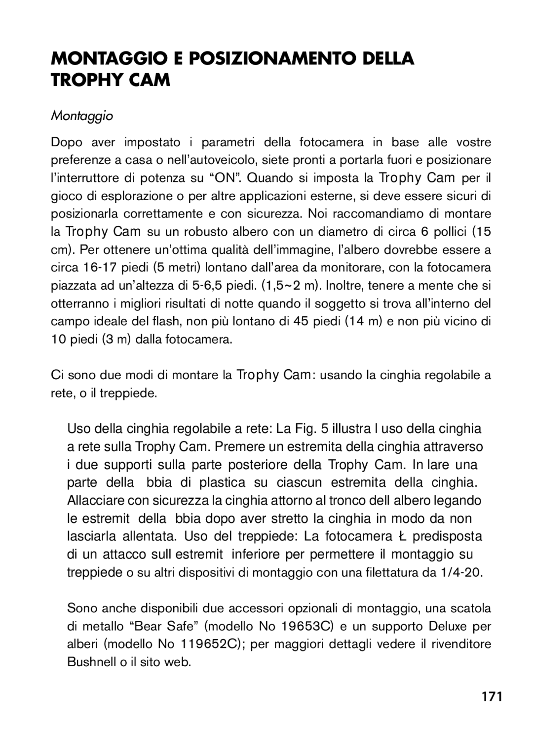 Bushnell 119467, 119466 instruction manual Montaggio E Posizionamento Della Trophy CAM, 171 