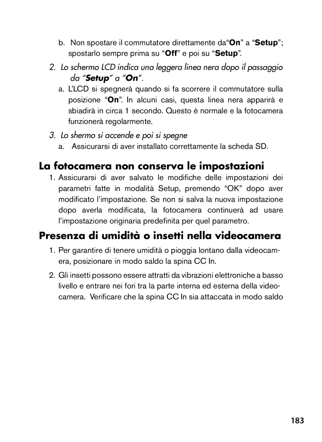 Bushnell 119467, 119466 La fotocamera non conserva le impostazioni, Presenza di umidità o insetti nella videocamera, 183 