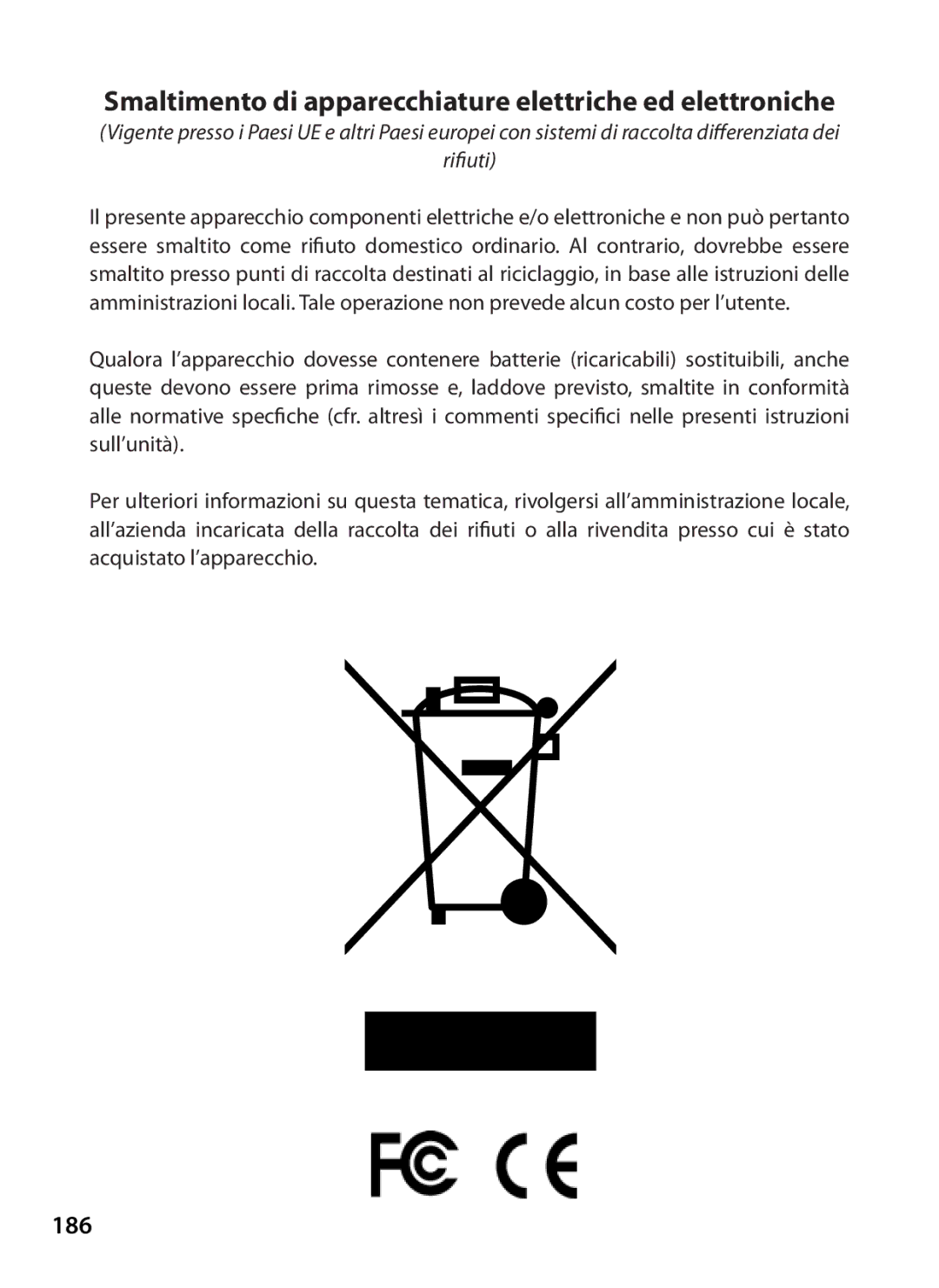 Bushnell 119466, 119467 instruction manual Smaltimento di apparecchiature elettriche ed elettroniche, 186 