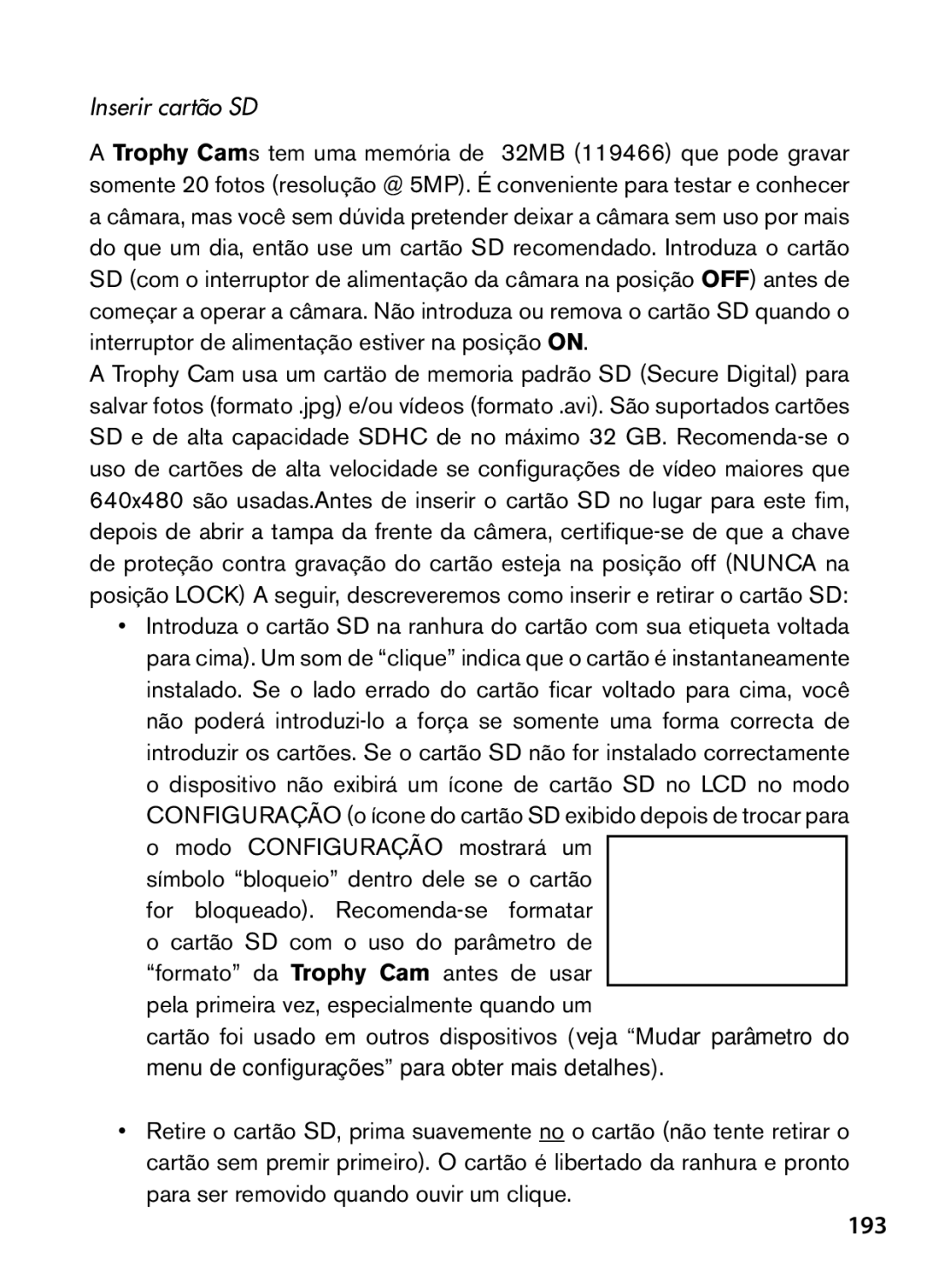 Bushnell 119467, 119466 instruction manual 193, Inserir cartão SD 