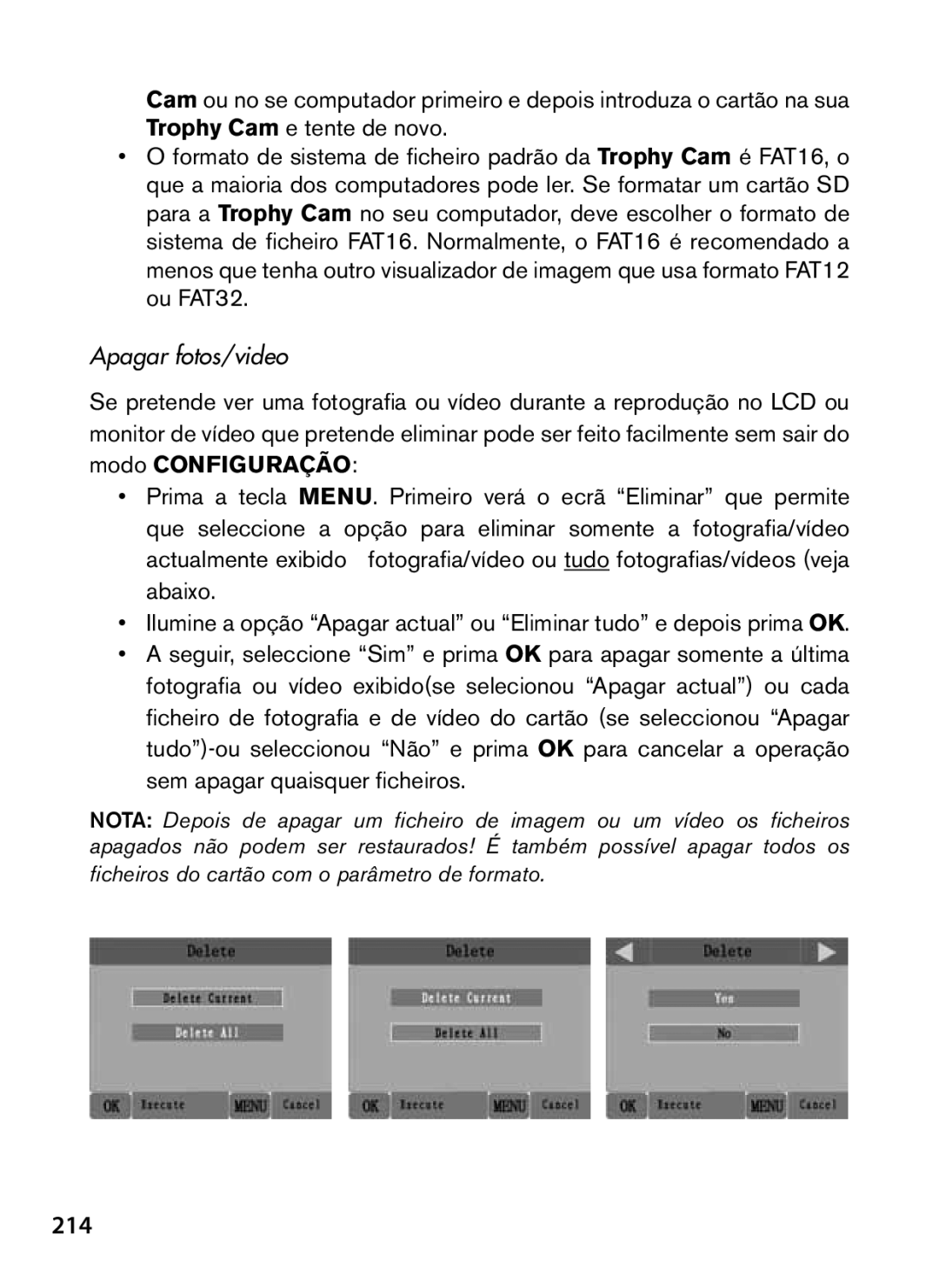 Bushnell 119466, 119467 instruction manual 214, Apagar fotos/video, Modo Configuração 