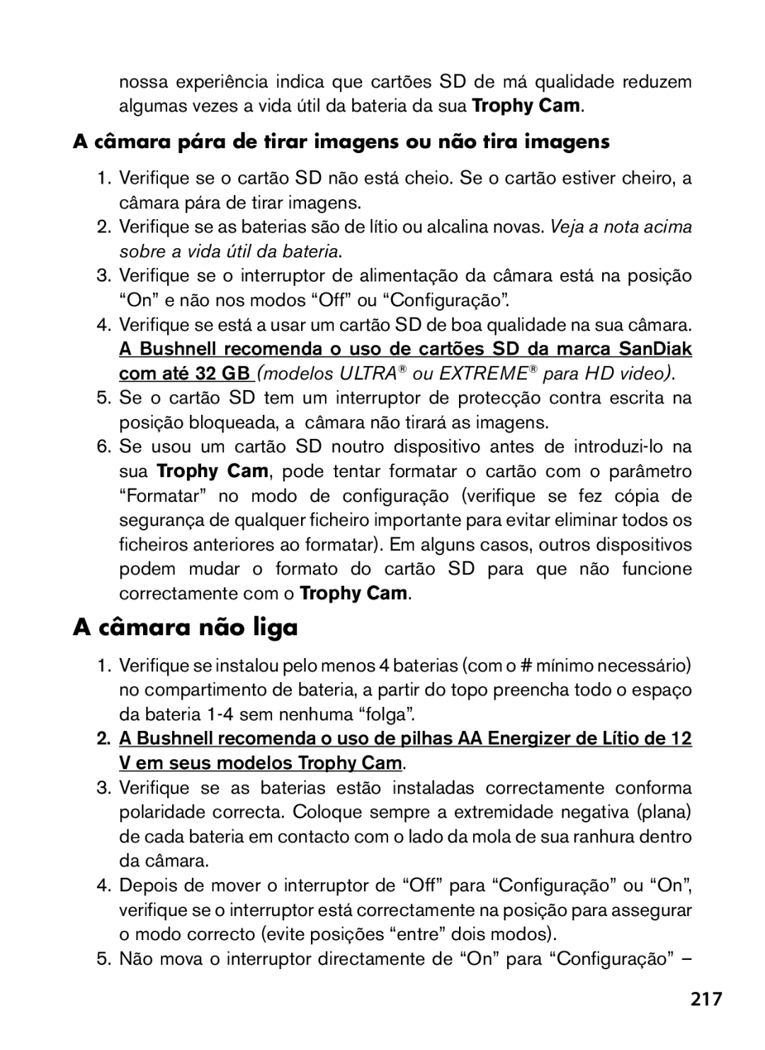 Bushnell 119467, 119466 instruction manual Câmara não liga, 217, Câmara pára de tirar imagens ou não tira imagens 