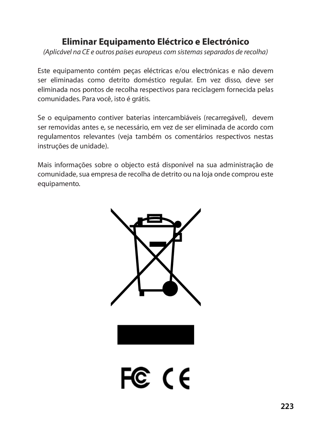 Bushnell 119467, 119466 instruction manual Eliminar Equipamento Eléctrico e Electrónico, 223 