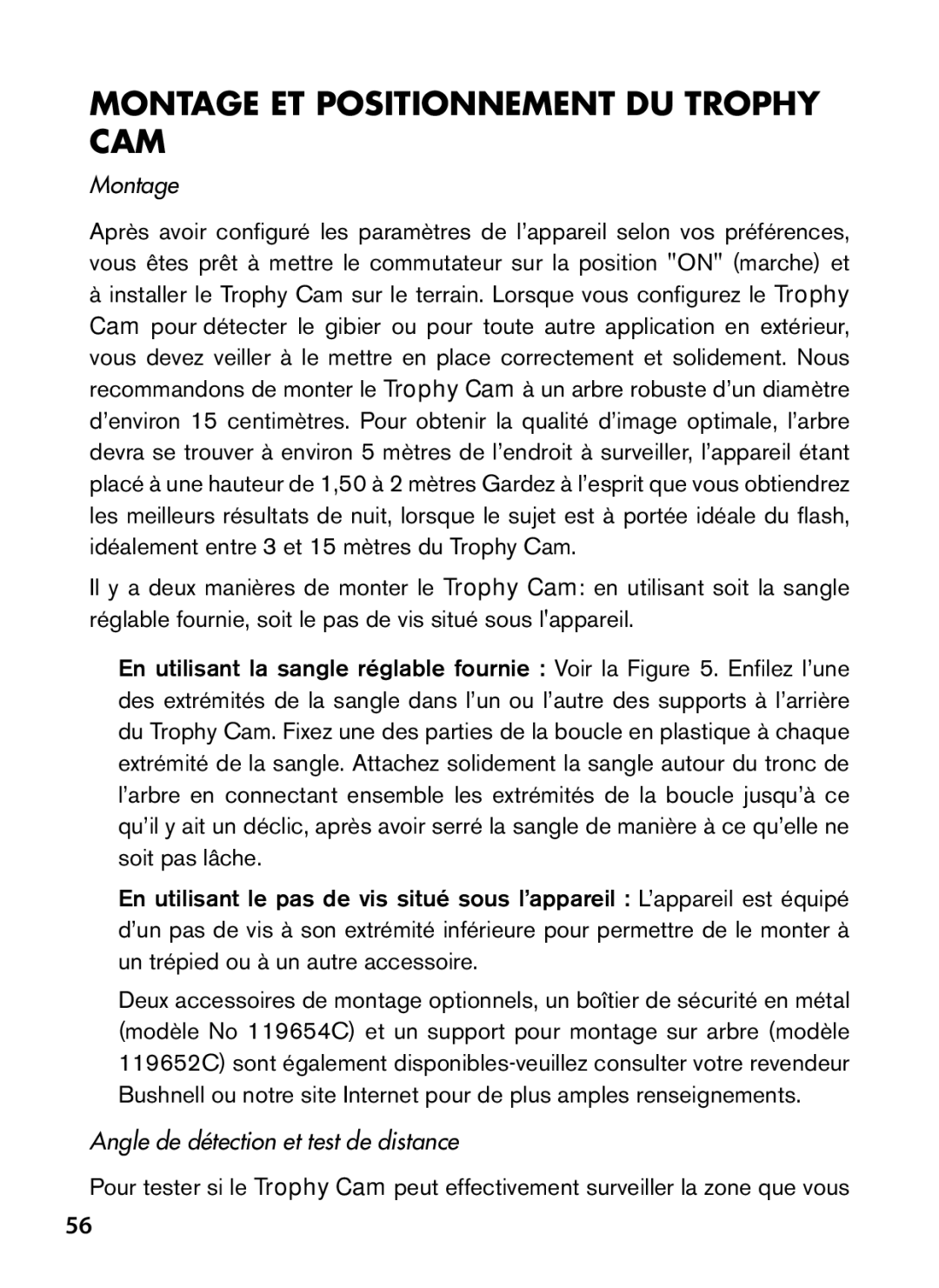 Bushnell 119466, 119467 instruction manual Montage ET Positionnement DU Trophy CAM, Angle de détection et test de distance 