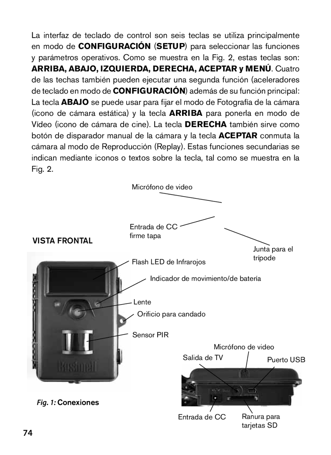 Bushnell 119466, 119467 instruction manual Vista frontal, Conexiones Micrófono de video Entrada de CC Firme tapa 