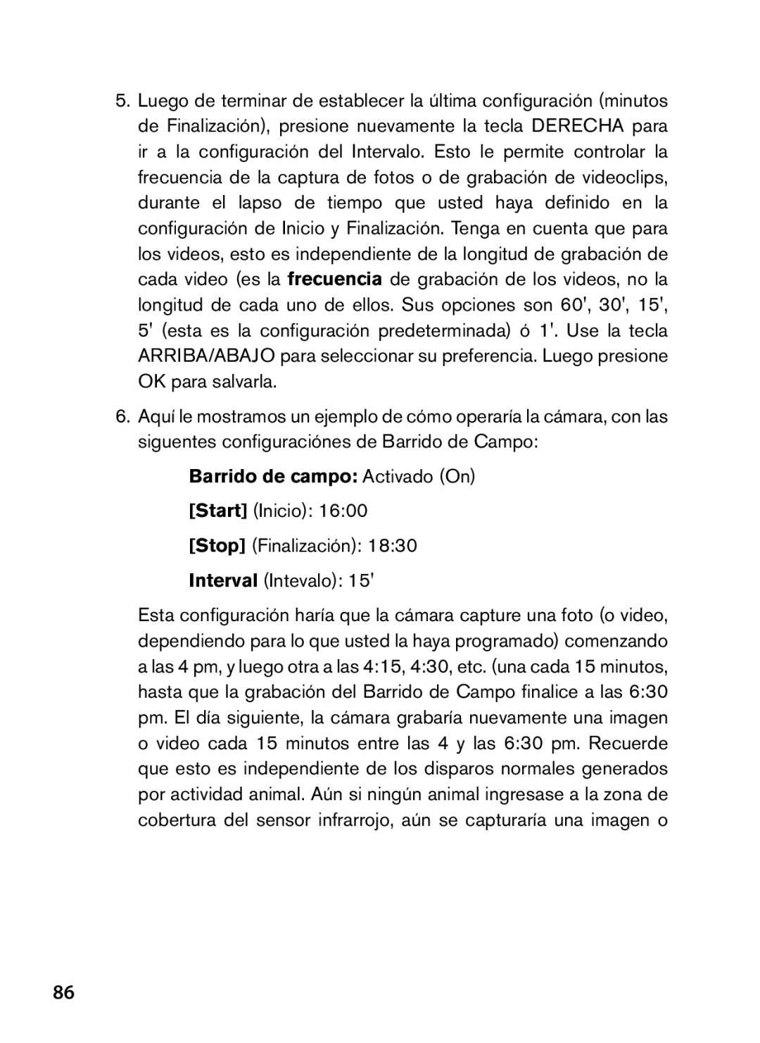 Bushnell 119466, 119467 instruction manual Barrido de campo Activado On, Start Inicio Stop Finalización Interval Intevalo 