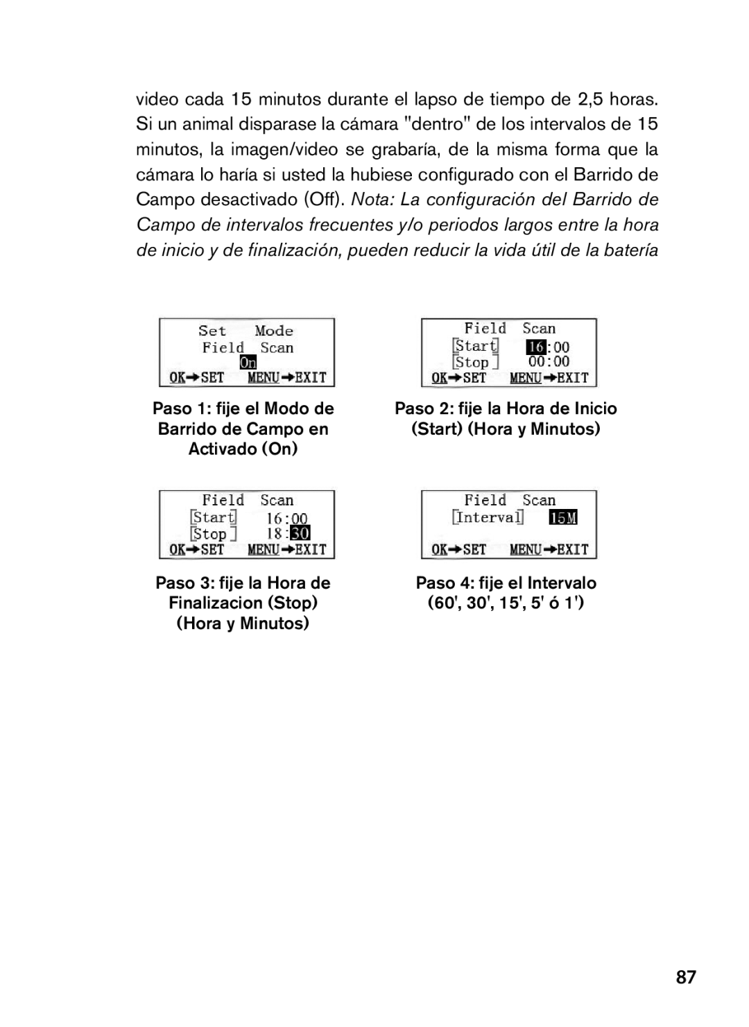 Bushnell 119467, 119466 instruction manual Barrido de Campo en Start Hora y Minutos Activado On 