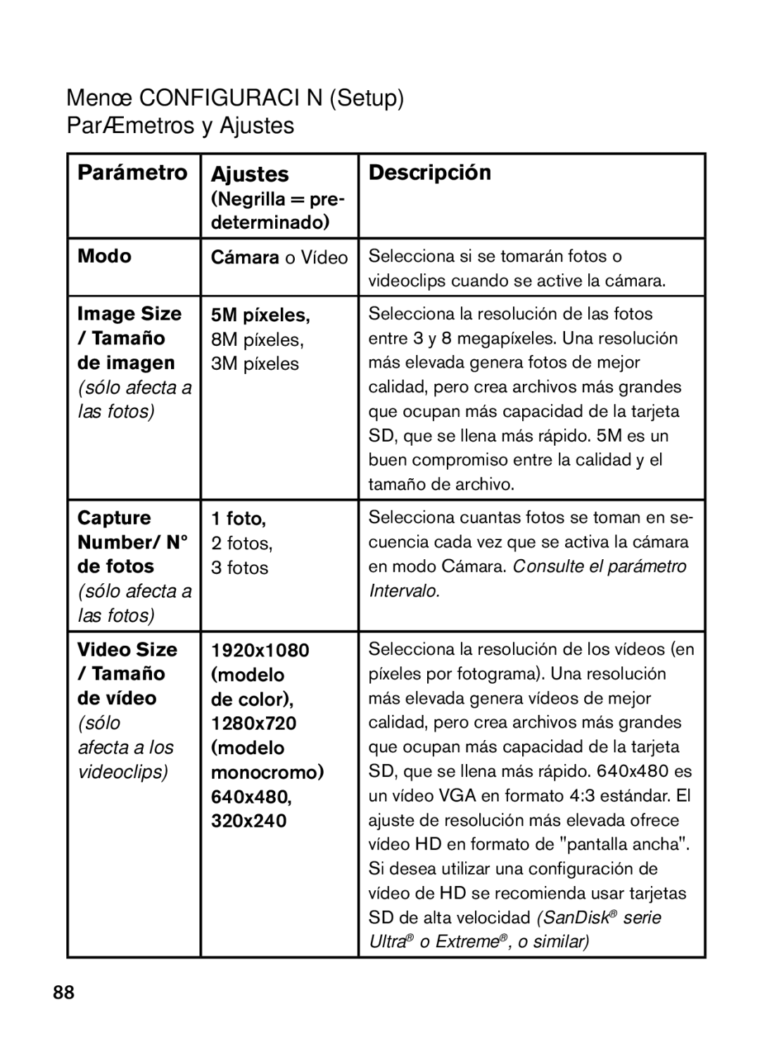 Bushnell 119466, 119467 instruction manual Menú Configuración Setup Parámetros y Ajustes, Parámetro Ajustes Descripción 