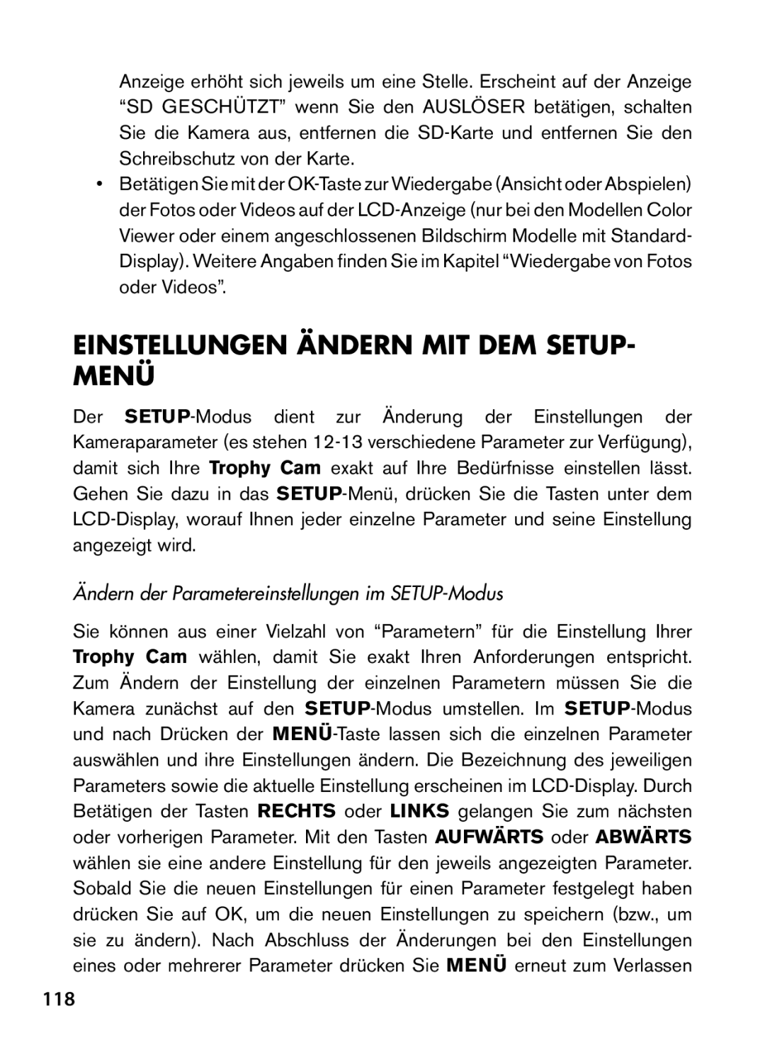 Bushnell 119466, 119467 Einstellungen ändern mit dem SETUP- Menü, 118, Ändern der Parametereinstellungen im SETUP-Modus 