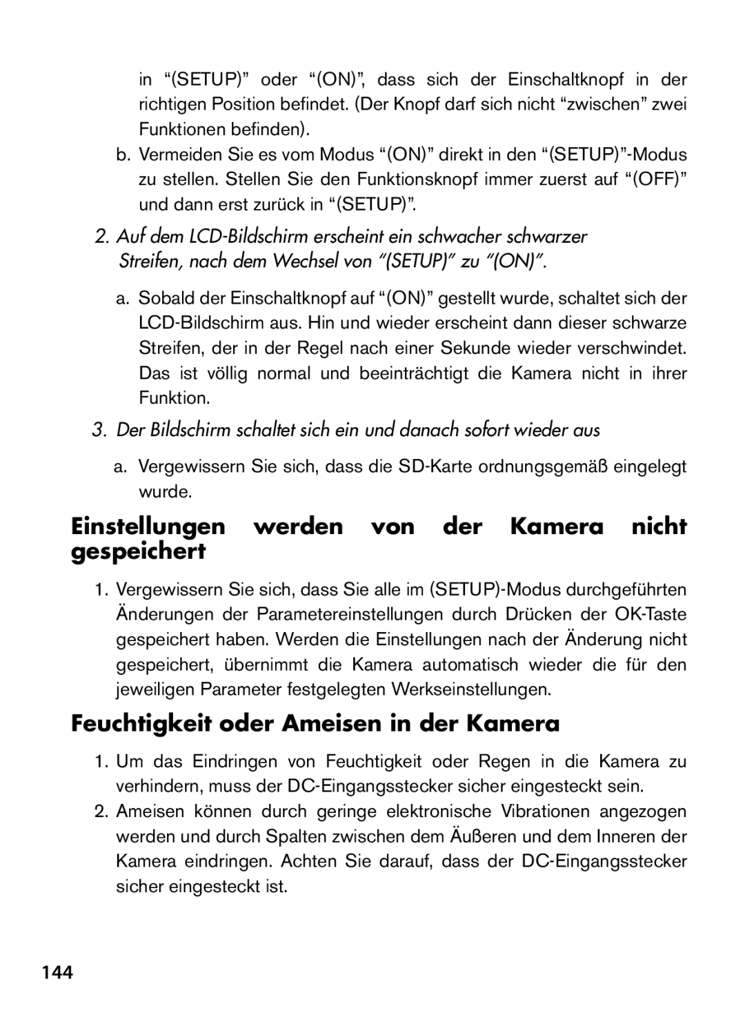 Bushnell 119466 Einstellungen werden von der Kamera nicht gespeichert, Feuchtigkeit oder Ameisen in der Kamera, 144 