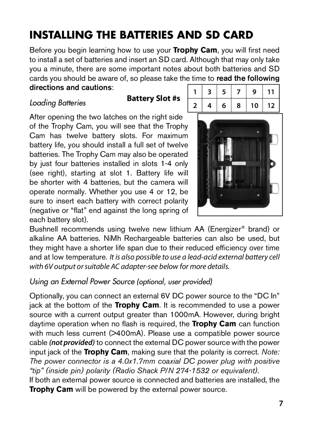 Bushnell 119467, 119466 instruction manual Installing the Batteries and SD Card, Directions and cautions Battery Slot #s 