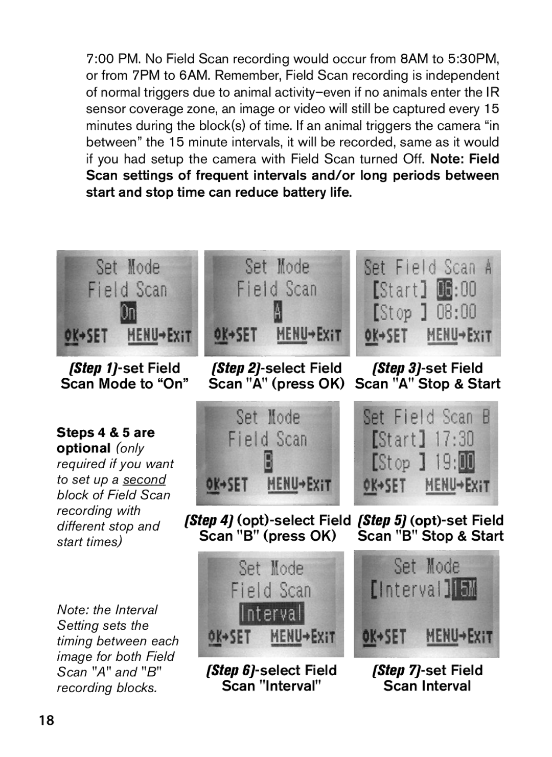 Bushnell 119477C, 119476C, 119447C Scan a press OK, Steps 4 & 5 are Optional only, Start times Select Field Set Field 