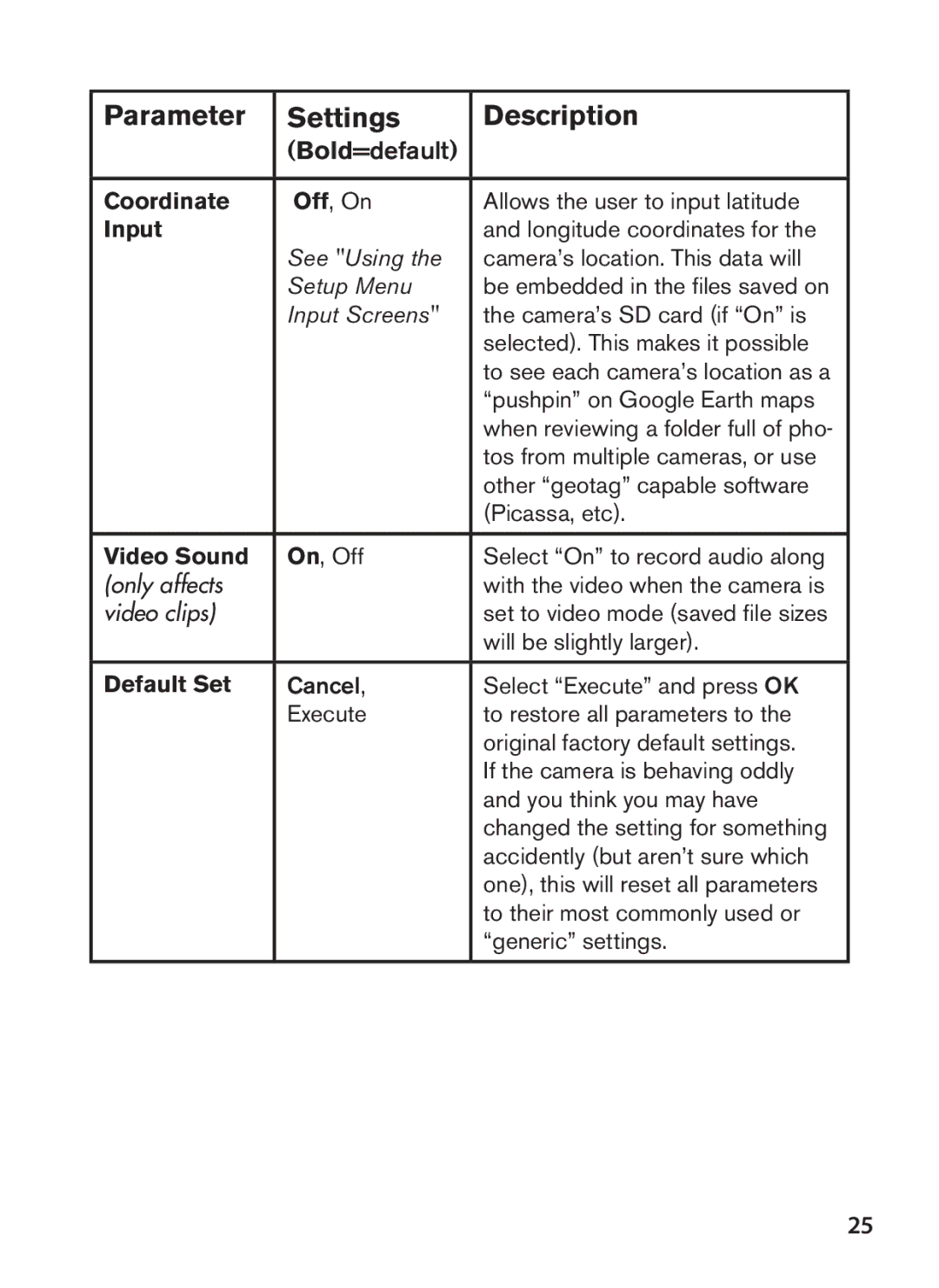 Bushnell 119447C, 119476C, 119477C, 119437C instruction manual Coordinate, Input, Video Sound, Default Set 