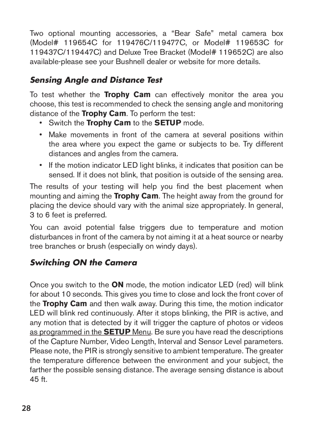 Bushnell 119476C, 119447C, 119477C, 119437C instruction manual Sensing Angle and Distance Test, Switching on the Camera 