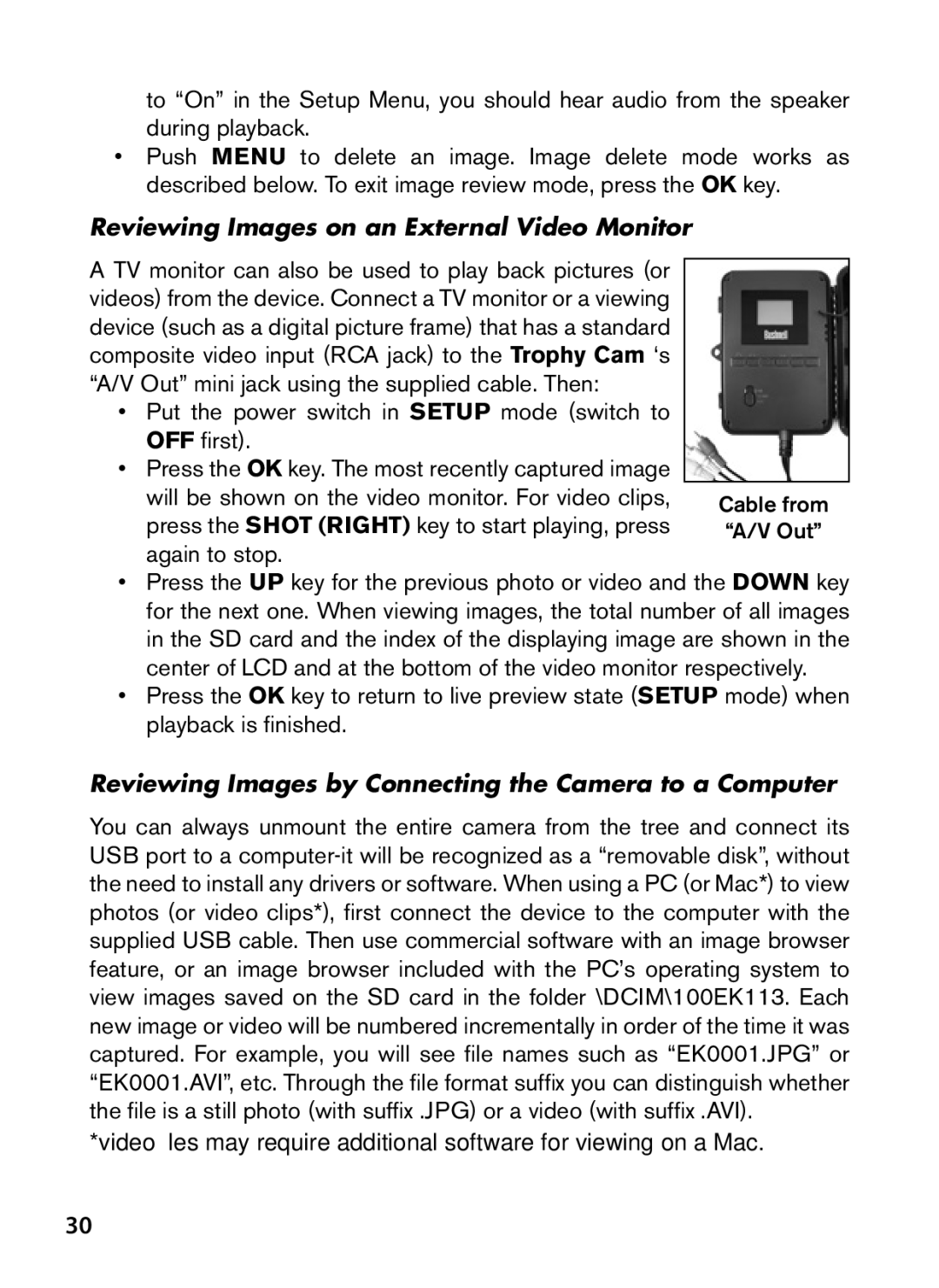 Bushnell 119477C Reviewing Images on an External Video Monitor, Reviewing Images by Connecting the Camera to a Computer 