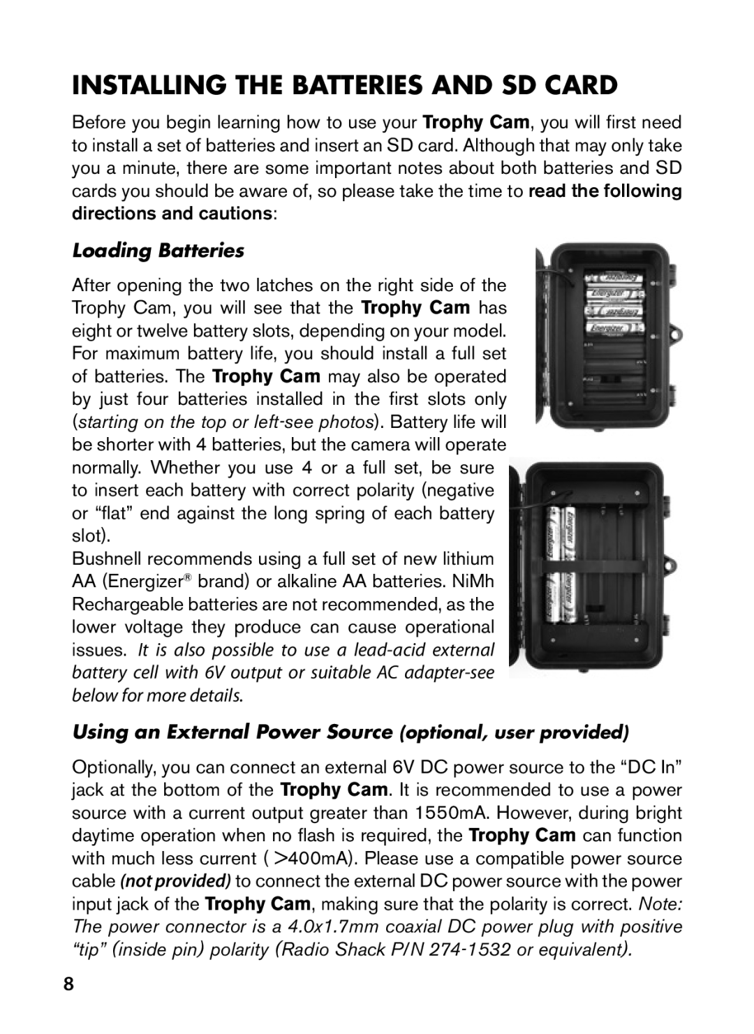 Bushnell 119476C, 119447C, 119477C, 119437C instruction manual Installing the Batteries and SD Card, Loading Batteries 