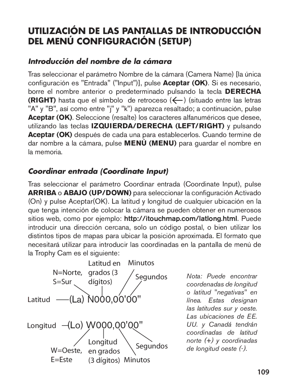 Bushnell 119476, 119477, 119447, 119437 109, Introducción del nombre de la cámara, Coordinar entrada Coordinate Input 