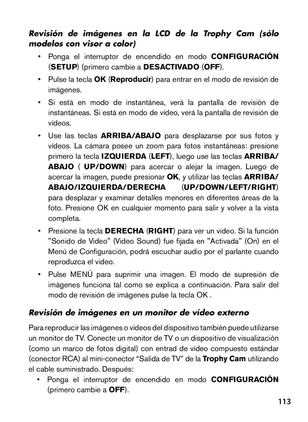 Bushnell 119476, 119477, 119447, 119437 instruction manual 113, Revisión de imágenes en un monitor de vídeo externo 