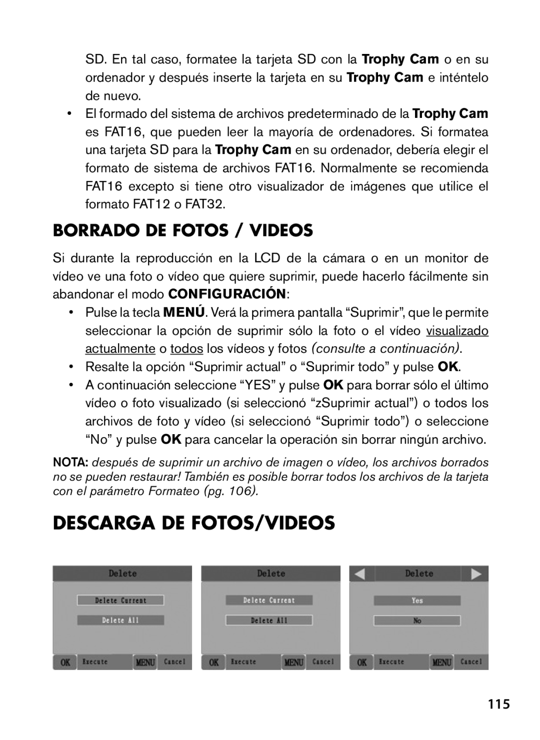 Bushnell 119437, 119477, 119476, 119447 instruction manual Descarga DE FOTOS/VIDEOS, Borrado de Fotos / Videos, 115 