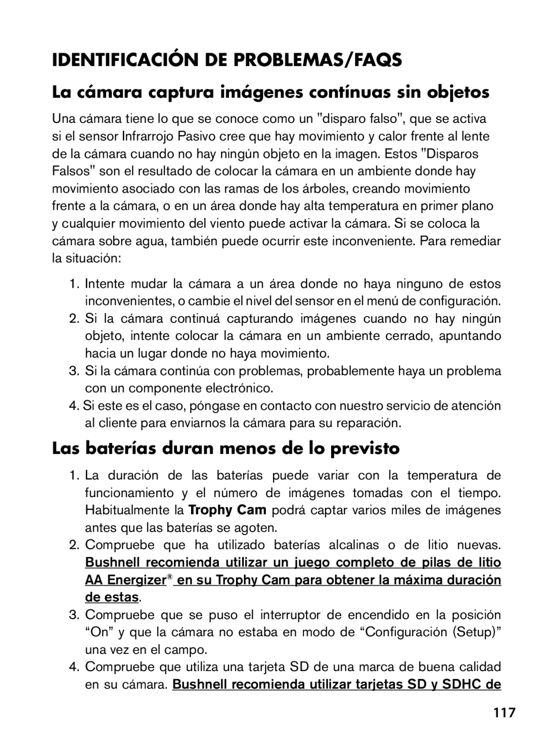 Bushnell 119476, 119477, 119447 Identificación de Problemas/FAQS, La cámara captura imágenes contínuas sin objetos, 117 