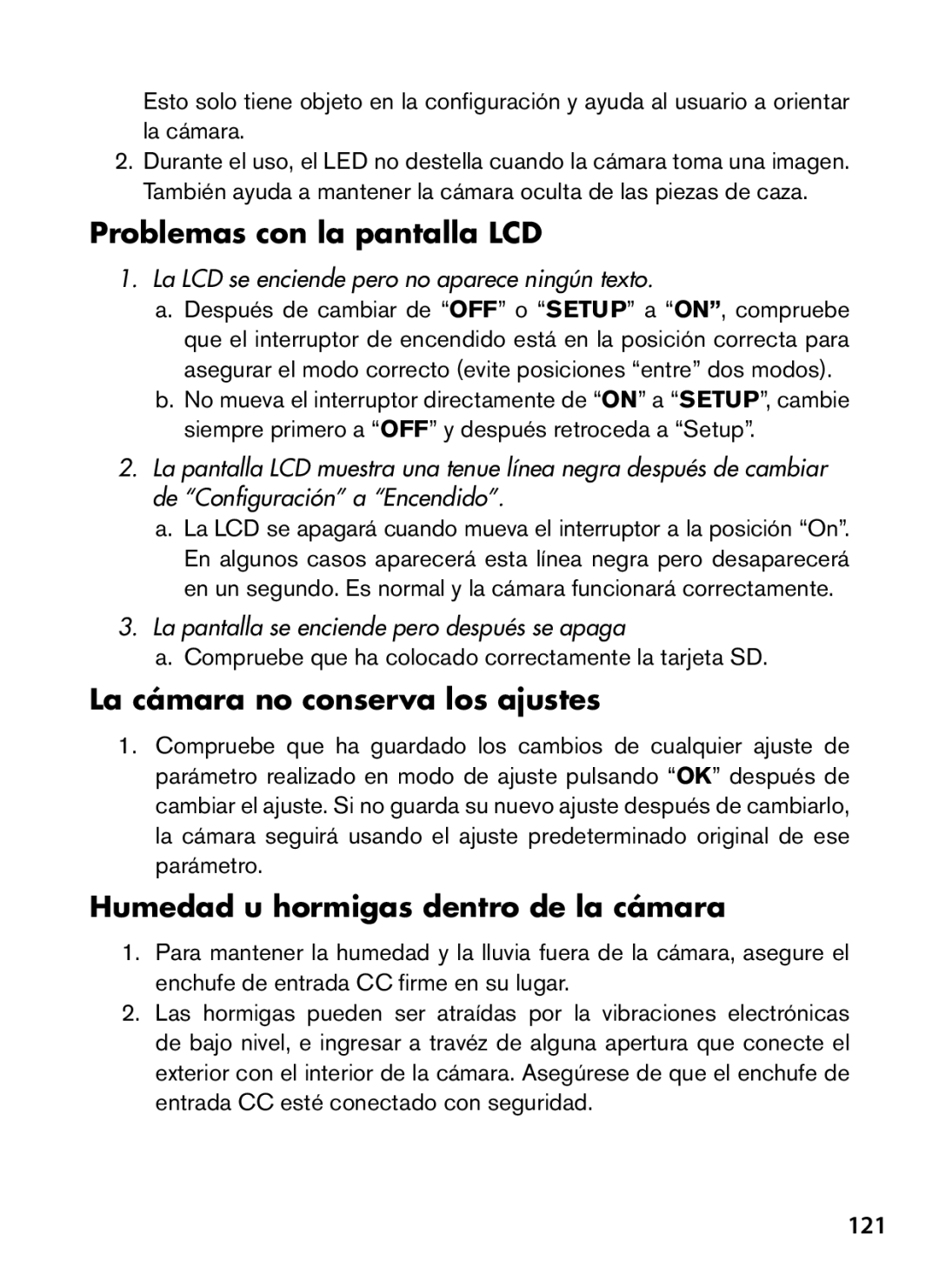 Bushnell 119476 Problemas con la pantalla LCD, La cámara no conserva los ajustes, Humedad u hormigas dentro de la cámara 