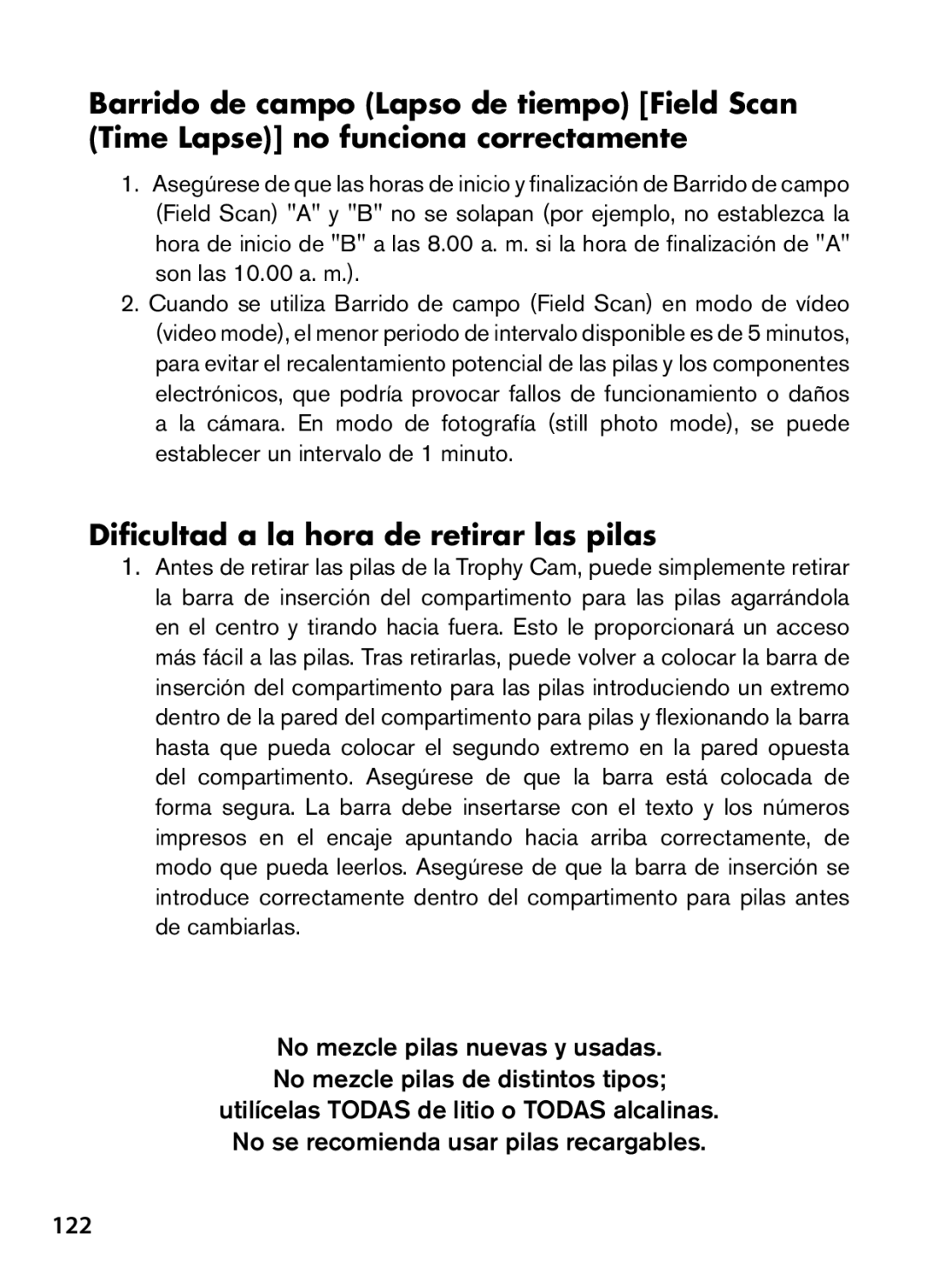 Bushnell 119447, 119477, 119476, 119437 instruction manual Dificultad a la hora de retirar las pilas, 122 