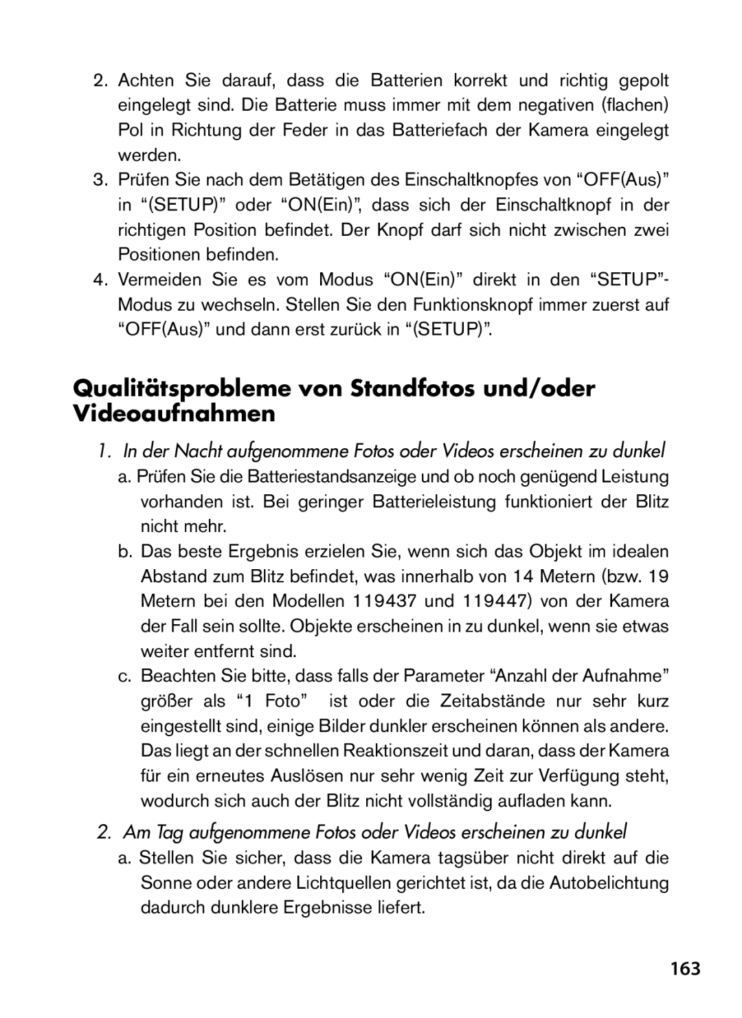 Bushnell 119437, 119477, 119476, 119447 instruction manual Qualitätsprobleme von Standfotos und/oder Videoaufnahmen, 163 