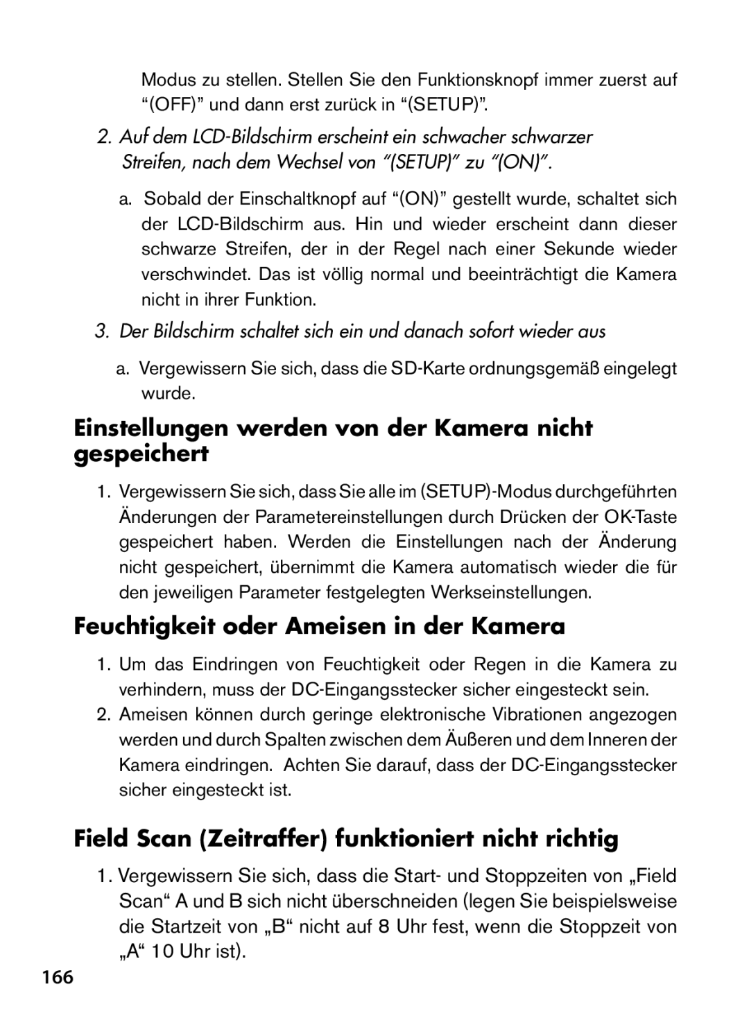 Bushnell 119447 Einstellungen werden von der Kamera nicht gespeichert, Feuchtigkeit oder Ameisen in der Kamera, 166 