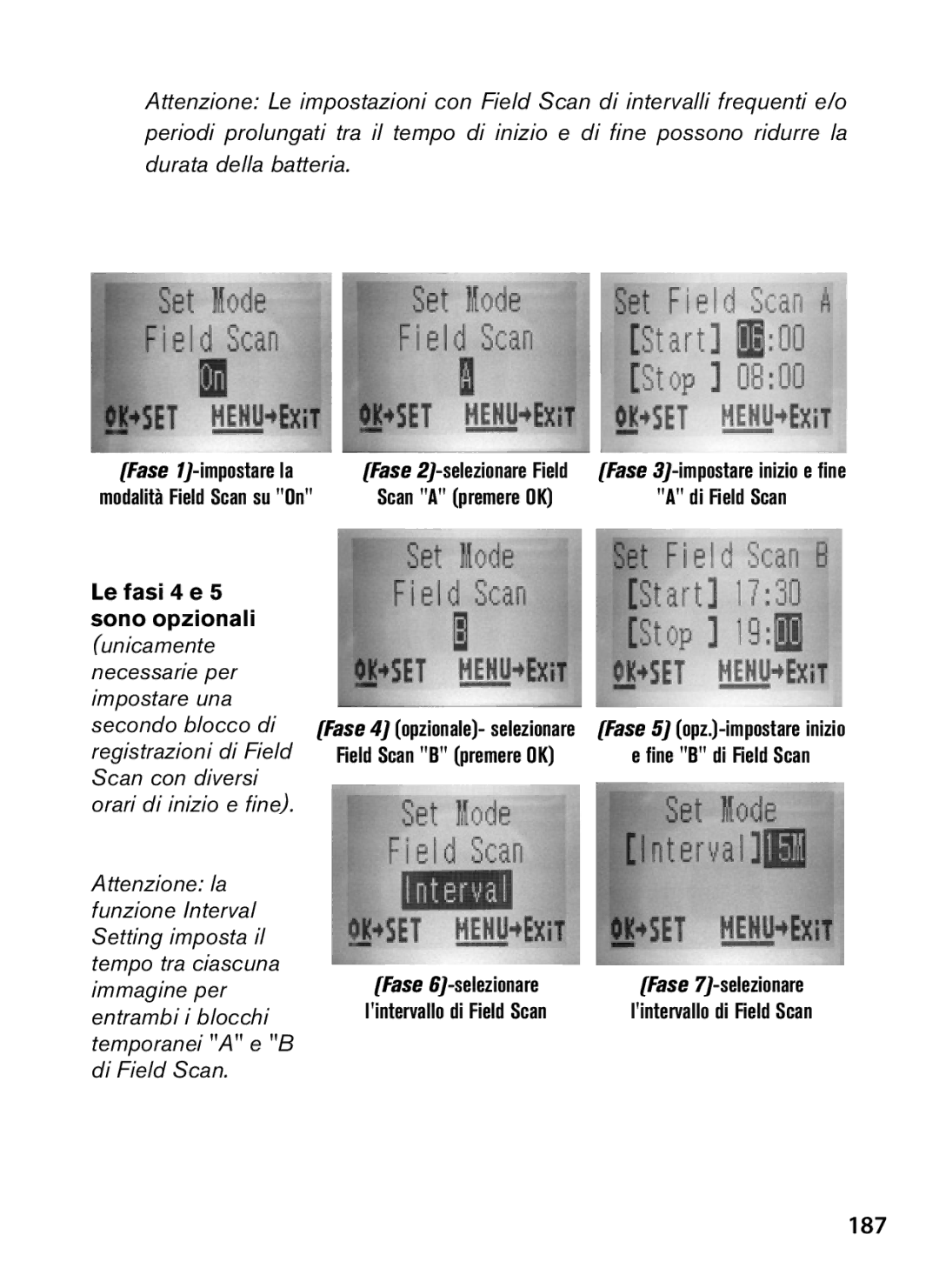 Bushnell 119437, 119477, 119476, 119447 instruction manual 187, Fase 2-selezionare Field Fase 3-impostare inizio e fine 